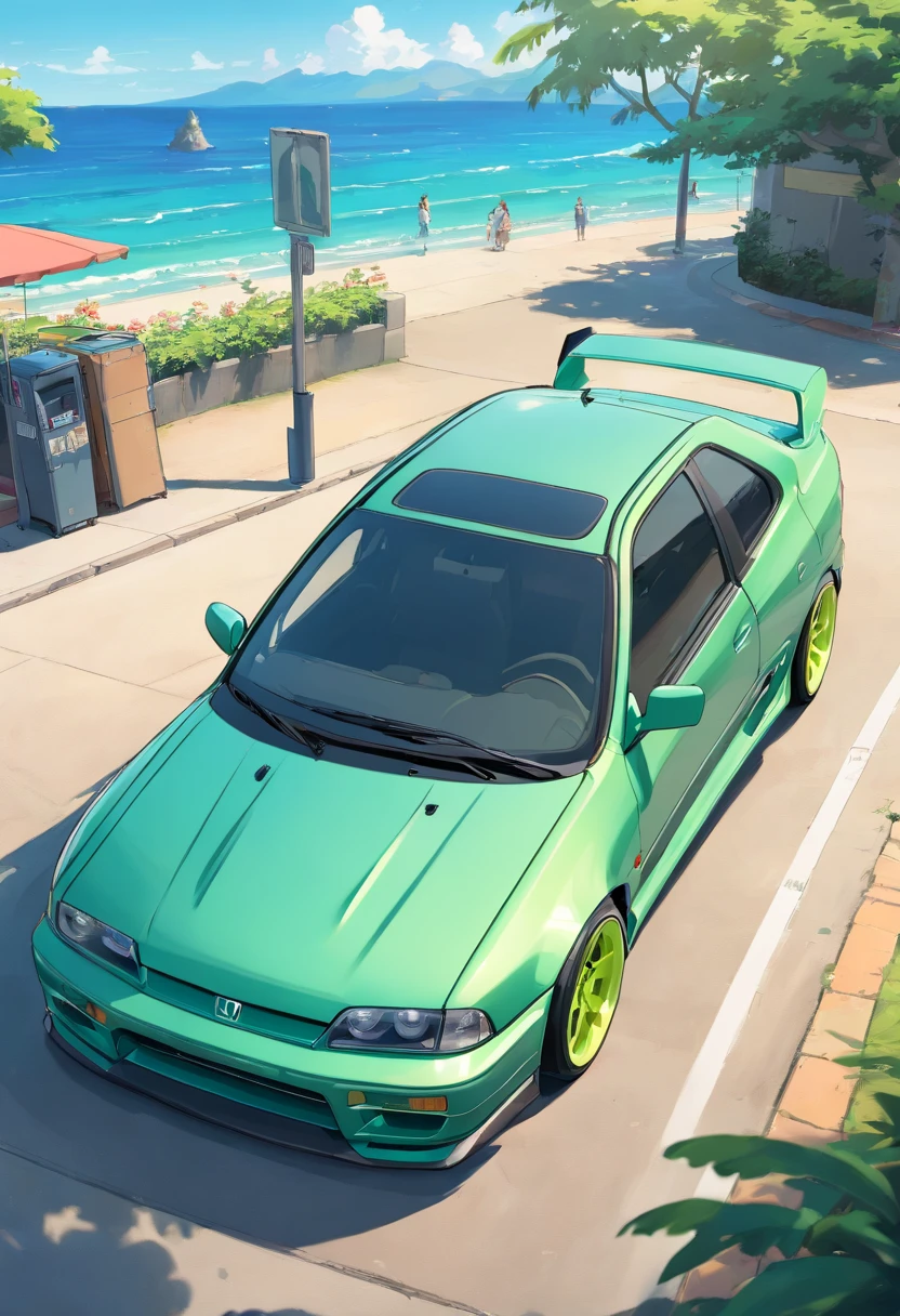 car parked in a parking lot with beach background, summer, wide body, honda civic eg6, epic stance, front profile!!!!, s clean lines, long front end, powerful stance, tunning, desaturated!!, full view of a car, steel light green body, perfect!!!, perfect shading