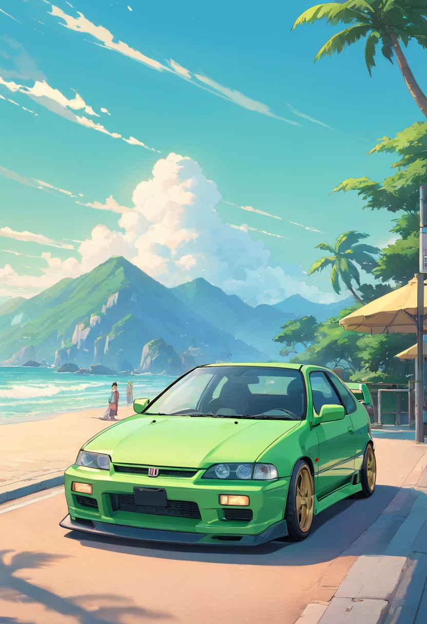 car parked in a parking lot with beach background, summer, wide body, honda civic eg6, epic stance, front profile!!!!, s clean lines, long front end, powerful stance, tunning, desaturated!!, full view of a car, steel light green body, perfect!!!, perfect shading