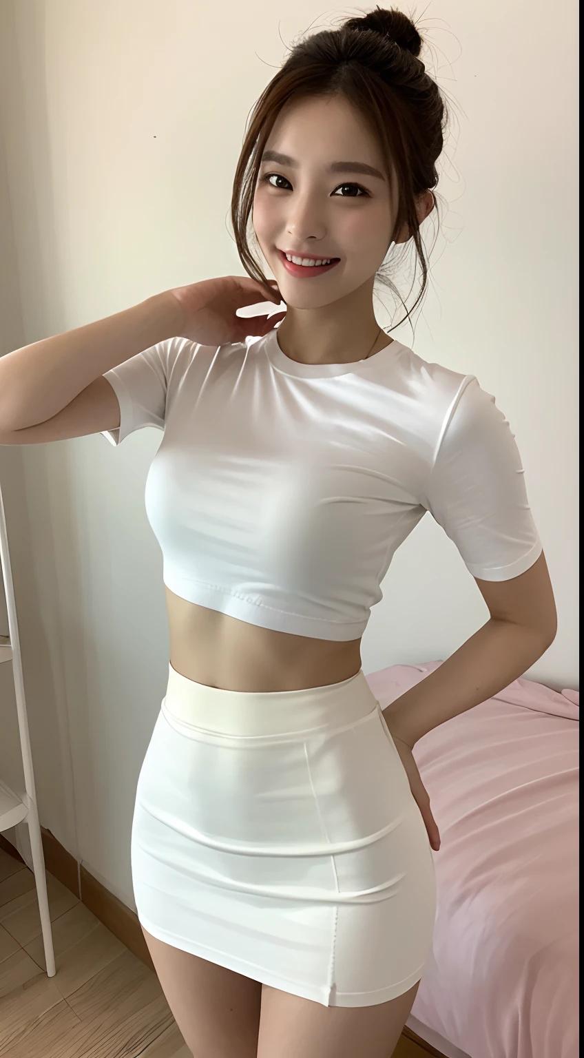 White tight shirt、White tight mini skirt、a bed、a smile、shortsleeves、high-level image quality