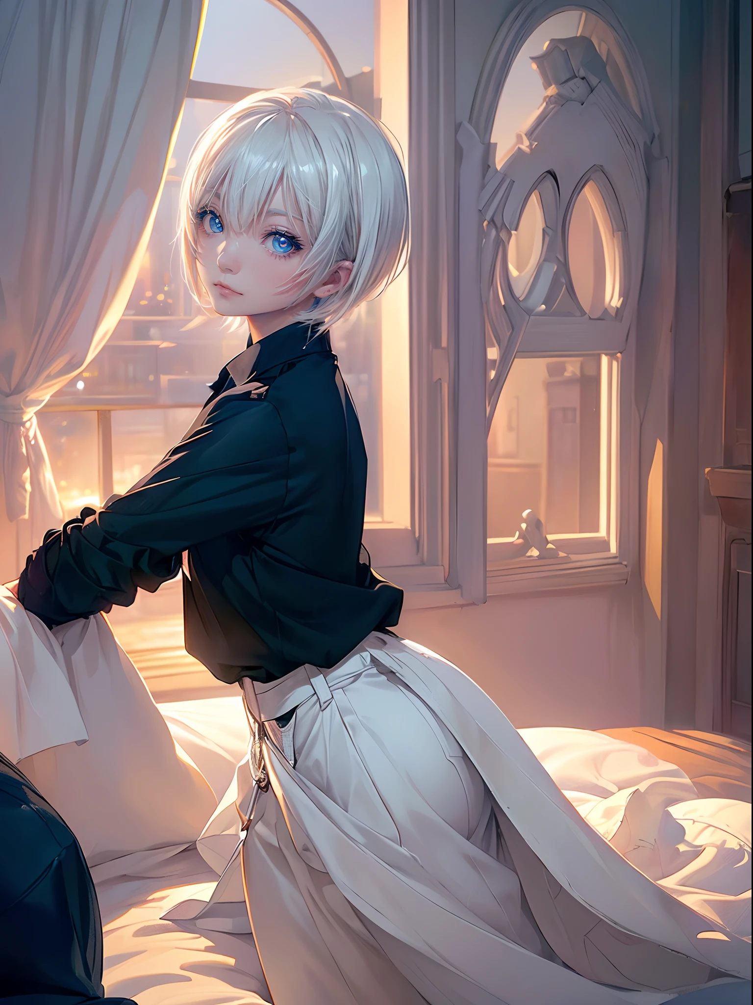 ((4K works))、masterpiece、(top-quality)、One Beautiful Girl、Slim body、tall、((Black Y-shirt and white pants、Charming street style))、(Detailed beautiful eyes)、Stylish black bedroom、Rooms where nobles live、Black shop window、Bedroom in the evening、((Sunlight leaking through the window))、((Shot in a black bedroom))、Sunset through the window、((dim room))、((Face similar to Carly Rae Jepsen))、((Short-haired white hair))、((Smaller face))、((Neutral face))、((Bright blue eyes))、((American adult women))、((Adult female 26 years old))、((cool lady))、((Like a celebrity))、((deadpan))、((Korean Makeup))、((elongated and sharp eyes))、((Happy dating))、((boyish))、((Upper body photography))、Professional Photos、((Shot alone))、((She is lying on the futon))、((Shot diagonally from the side))、((Shot in close proximity to her))、((Focus zoom in))、((She watching the sunset))