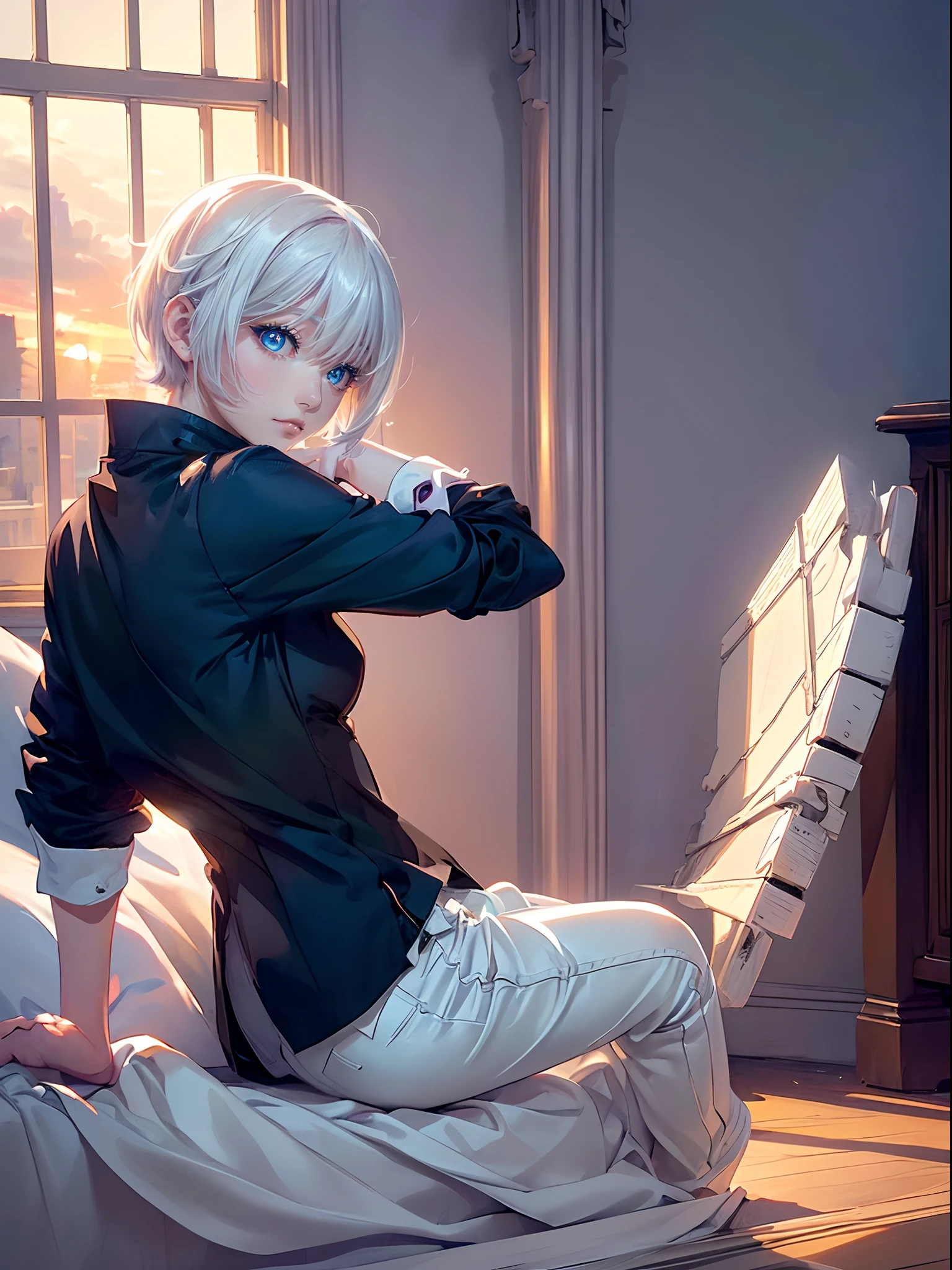 ((4K works))、masterpiece、(top-quality)、One Beautiful Girl、Slim body、tall、((Black Y-shirt and white pants、Charming street style))、(Detailed beautiful eyes)、Stylish black bedroom、Rooms where nobles live、Black shop window、Bedroom in the evening、((Sunlight leaking through the window))、((Shot in a black bedroom))、Sunset through the window、((dim room))、((Face similar to Carly Rae Jepsen))、((Short-haired white hair))、((Smaller face))、((Neutral face))、((Bright blue eyes))、((American adult women))、((Adult female 26 years old))、((cool lady))、((Like a celebrity))、((deadpan))、((Korean Makeup))、((elongated and sharp eyes))、((Happy dating))、((boyish))、((Upper body photography))、Professional Photos、((Shot alone))、((She is lying on the futon))、((Shot diagonally from the side))、((Shot in close proximity to her))、((Focus zoom in))、((She watching the sunset))