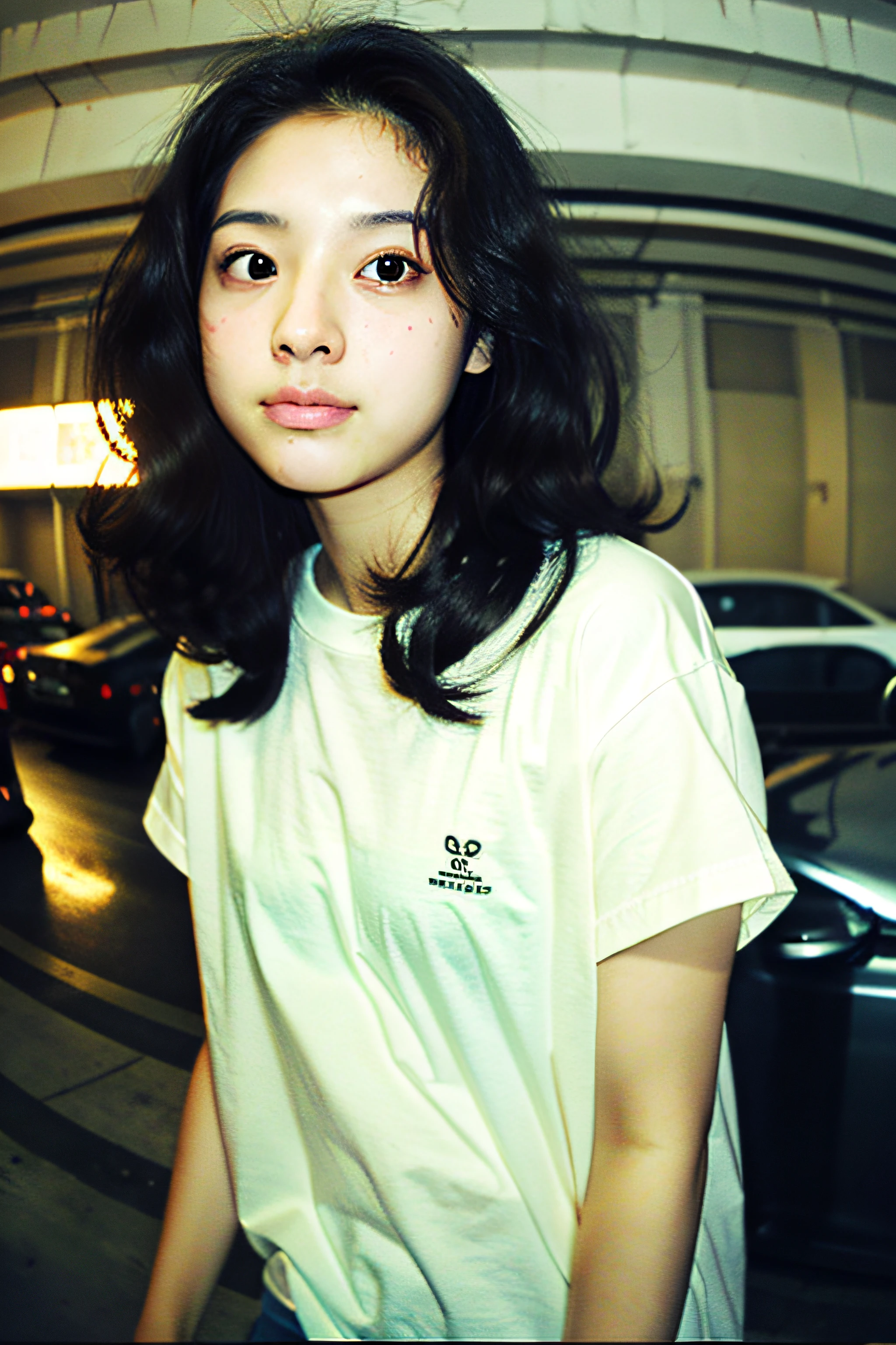 23 years old cute girl, ((upper body selfie)), fisheye, (candid face:1.2), long black wavy hair, brown eyes, upturned eyes, straight thin eyebrows, no make up, oversize_shirt, (plain white oversize t-shirt:1.2), in a parking basement, (photorealistic:1.2), (very detailed), ((masterpiece)),