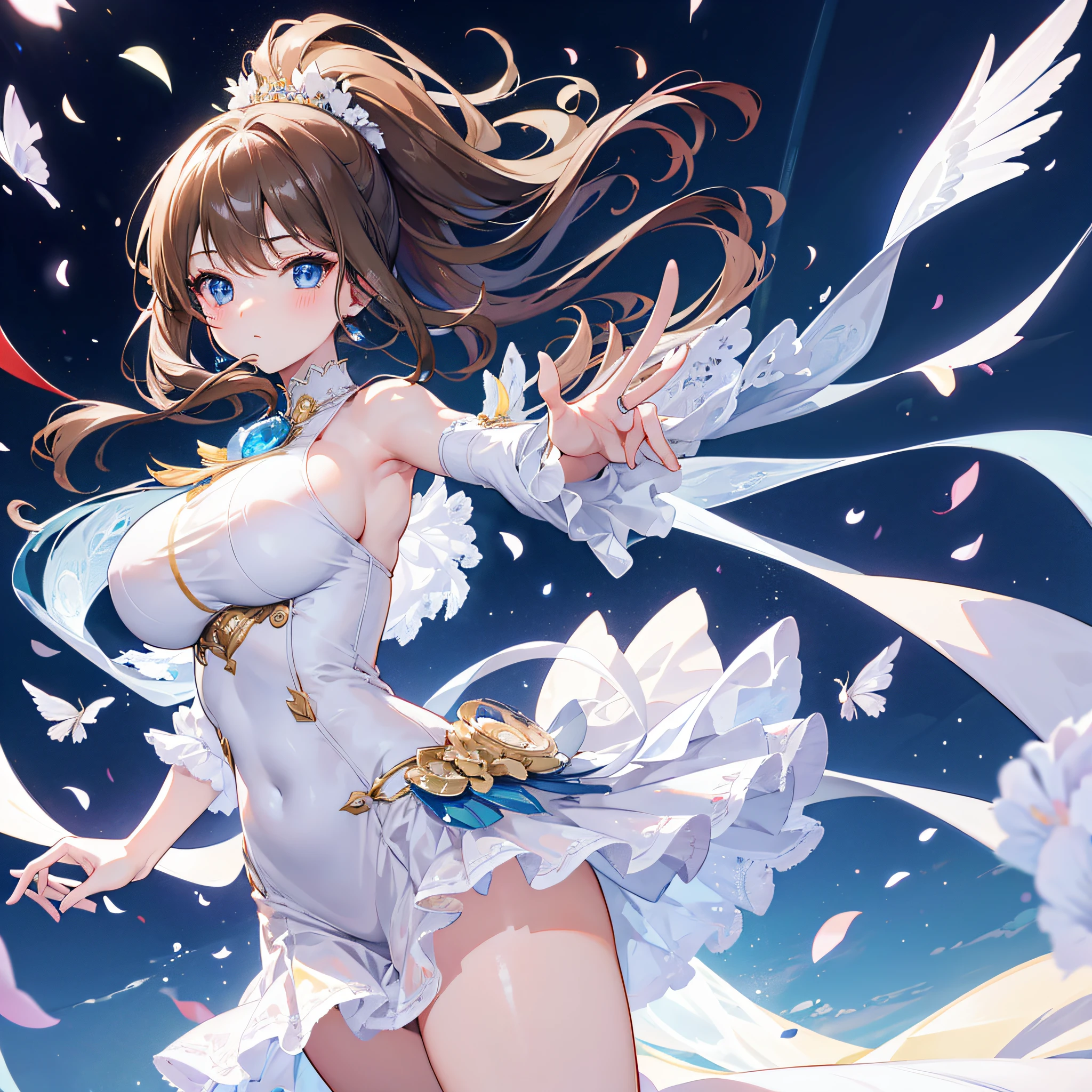 high resolution, Best quality, Masterpiece, hyper HD, hyper HD, Ultra photo realsisim, 。.3D, anime big breast, illustration, Solo, Very beautiful and lovely woman in her twenties, She wears a light white floral miniskirt long dress，Flapping his wings, Her hair was moving, full bodyesbian, Wonderfully perfect proportions, Shiny light brown medium hair, High-level cutting, mullet haircut, Bright blue eyes, cheerfulness, Shy