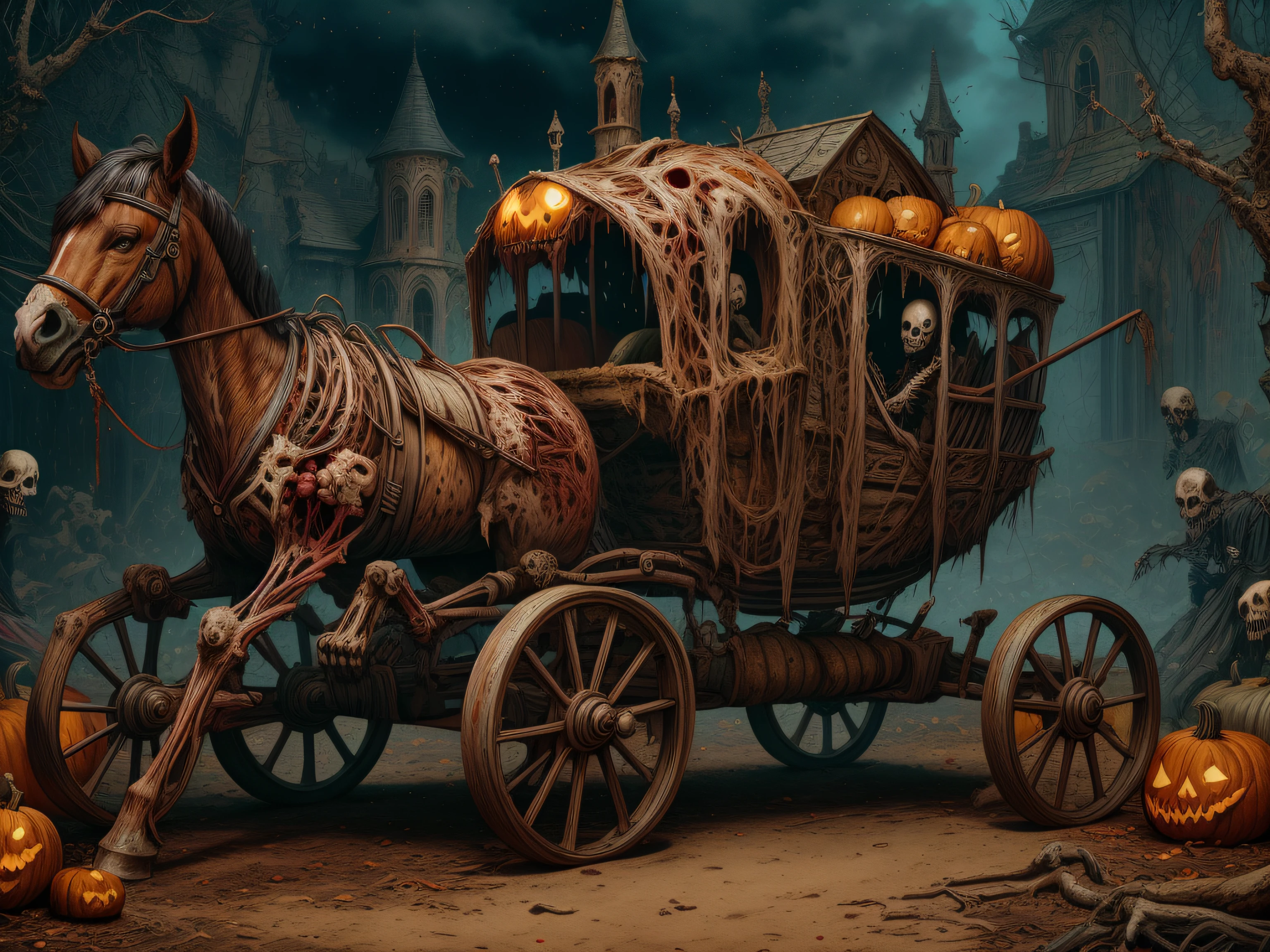 RAW Photo of worldofundead a horse-drawn carriage transporting a pumpkin to a wedding ceremony, skeletal, rotten flesh, rotting, blood, gore (Masterpiece:1.3) (best quality:1.2) (high quality:1.1), Establishing shot,art style,photographed on a Hasselblad 907X 50C,complementary colors,32k resolution,incredibly detailed,16k resolution,bloom,golden ratio,cinematic