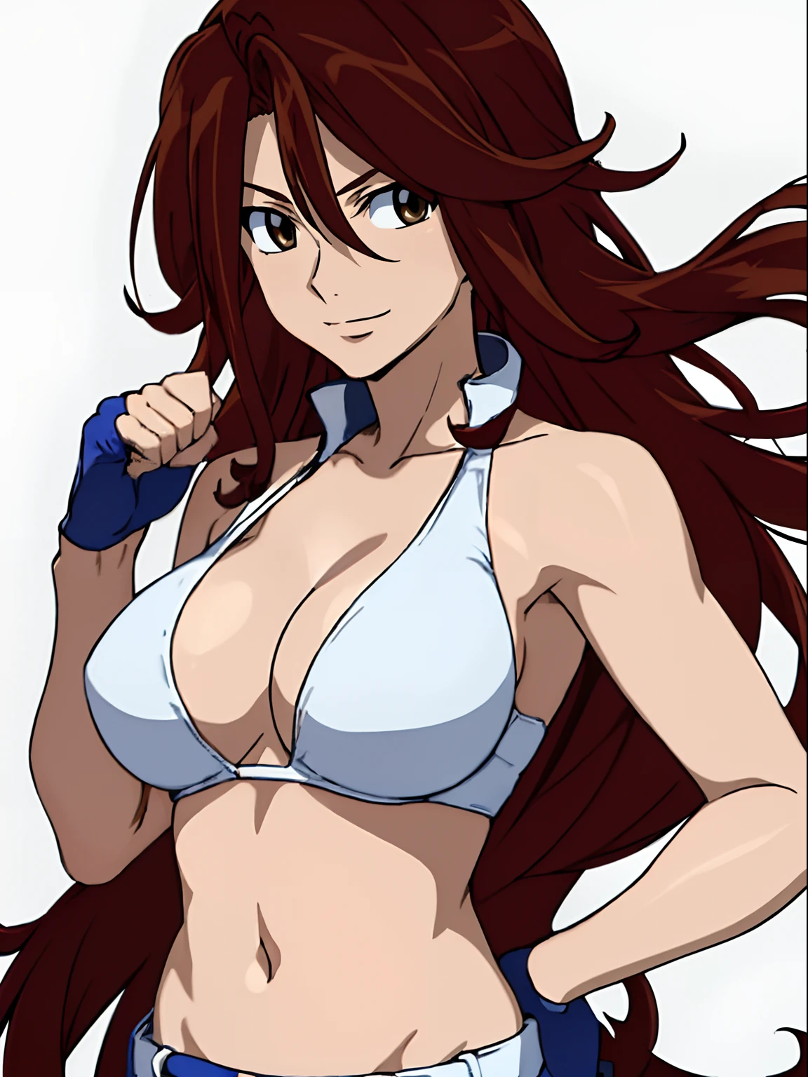 Flexing arm muscles, Karate stance, ((solo)), Best Quality, hires, curvy midsection, (tilt head, defined weak muscles, detailed muscles), smile, happy), upper body only, anime style: 1.8, anime drawing, ultra detailed face, ultra detailed body, 4k, Sumergai Lee Noriega, karate stance, best quality, anime style, hires, highest definition, digital blending, bold drawing lines, (((White Background))), ( (defined muscles), long attractive belly, slim body, ((strong arm muscles)), broad shoulders , off-shoulders, closed fists, (slutty bra, shorts, white gloves, , arm band, (champion belt))), (large breasts, defined cleavage, closed mouth, sexy navel, shiny skin), (big eyes, brown eyes, shiny eyes), (reddish hair, loose hair, curly hair, wavy hair, long hair, floating hair)