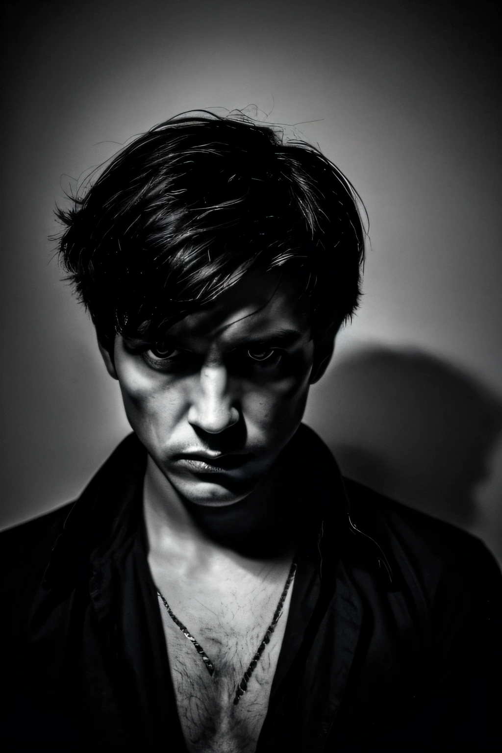 Black and white photo of a man with short hair looking at camera, Ghost beautiful young man, Portrait of a sinister boy, with haunted eyes and dark hair, Mysterious eerie portrait, Portrait of an evil boy, Intimidating Men, dramatic intense lighting, Scary look, Frightened look, Bad man, Dramatic portraits, dark portrait, Harsh contrast lighting, Wild languid men