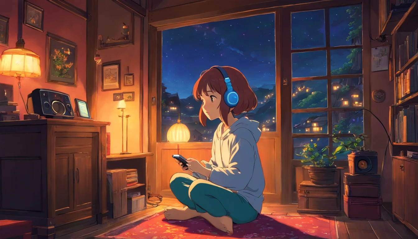 Girl listening to music in a cozy room at night, Usando fones de ouvido, Anime estilo 2D, Lo-fi, hd, Ambiente escuro