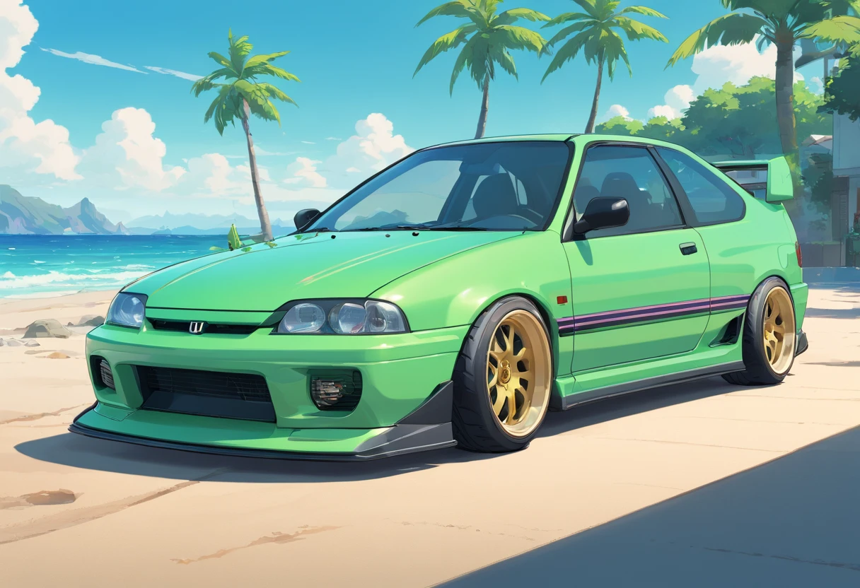 car parked in a parking lot with beach background, summer, wide body, honda civic eg6, epic stance, front profile!!!!, s clean lines, long front end, powerful stance, tunning, desaturated!!, full view of a car, steel light green body, perfect!!!, perfect shading