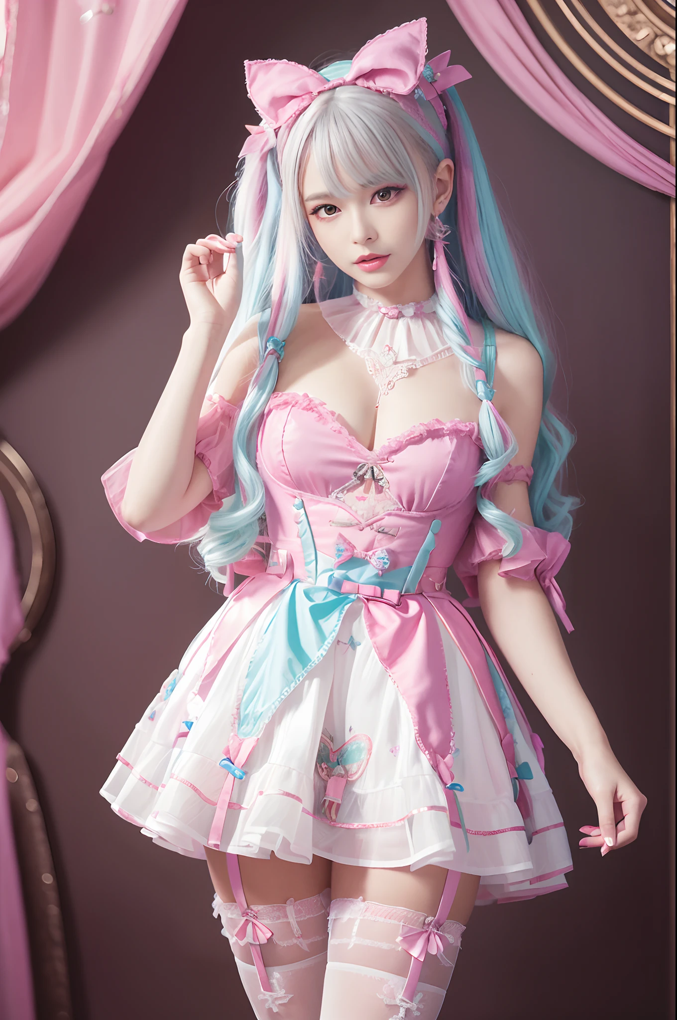 unparalleled masterpiece ever, super realistic 8K , erfect artwork、Cultural fashion for teens in the UK、garter stocking、Sexy and colorful、shockingpink、((a miniskirt))、frilld、Women's glitter fashion、A detailed face、face perfect、Perfect eyes、high-detail