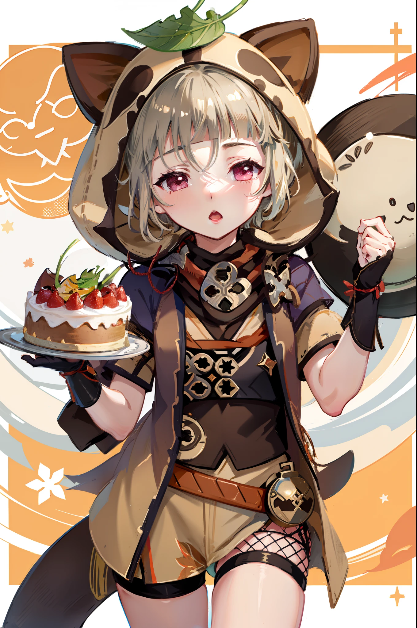 sayu \(genshin impact\) 1 little girl solo, hoodie with animal ears, leaf on the head, beige hair, magenta eyes, blue short sleeves, beige and brown outfit, orange belt, brown gloves, raccoon tail costume, sleepy, holding a cake