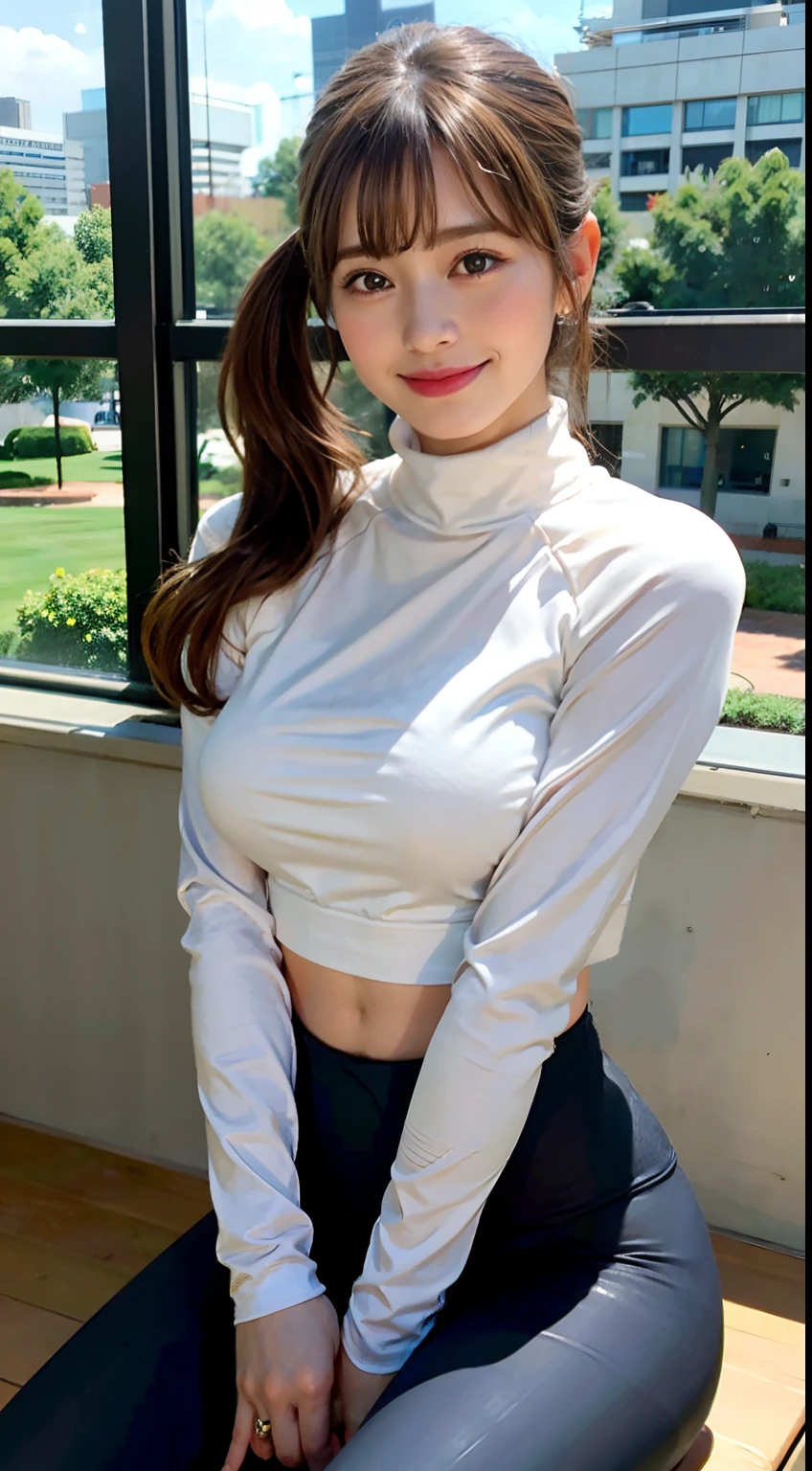 Best Quality, 超A high resolution, (Photorealistic:1.4), Raw photo, (upper thigh, From Side:0.7), (Bokeh:1.5), (Being in the gym、Power Rack), (in a suite:1.6)1日本人の女の子, Beautiful, (Solo:1.6), (Shy smile), (Brown eyes), Smooth skin, (Brown ponytail,Bangs),(Colossal tits),Delicacy, (touch hair:1.4),(High Neck Long Sleeve Yoga Wear、NSFW、From the knee up),