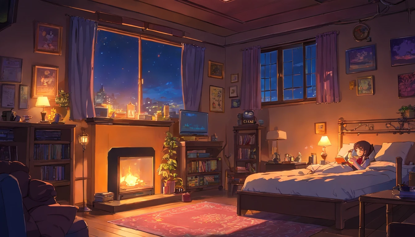 Girl listening to music in a cozy room at night, Usando fones de ouvido, Anime estilo 2D, Lo-fi, hd, Ambiente escuro
