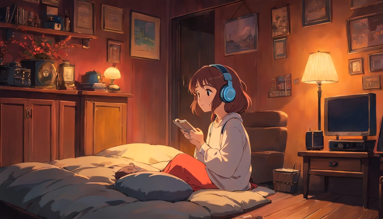 Girl listening to music in a cozy room at night, Usando fones de ouvido, Anime estilo 2D, Lo-fi, hd, Ambiente escuro