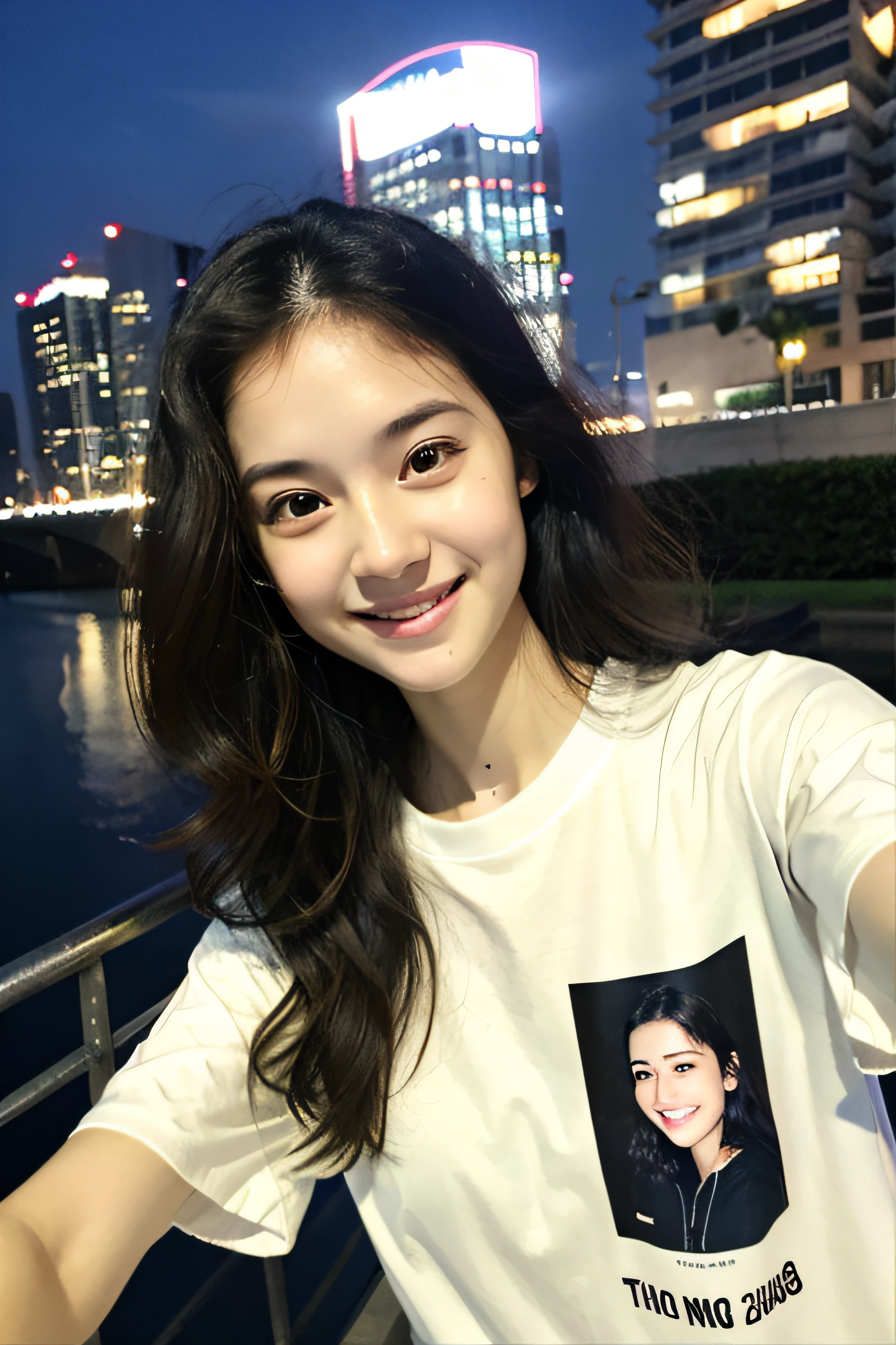 23 years old cute girl, ((upper body selfie)), (smile:1.2), beautiful, long black wavy hair, brown eyes, upturned eyes, straight thin eyebrows, no make up, (white oversize t-shirt:1.2), oversize_shirt, on top of the building, fisheye, night, (photorealistic:1.2), (ultra realistic:1.3), (very detailed:1.1), ((masterpiece)),