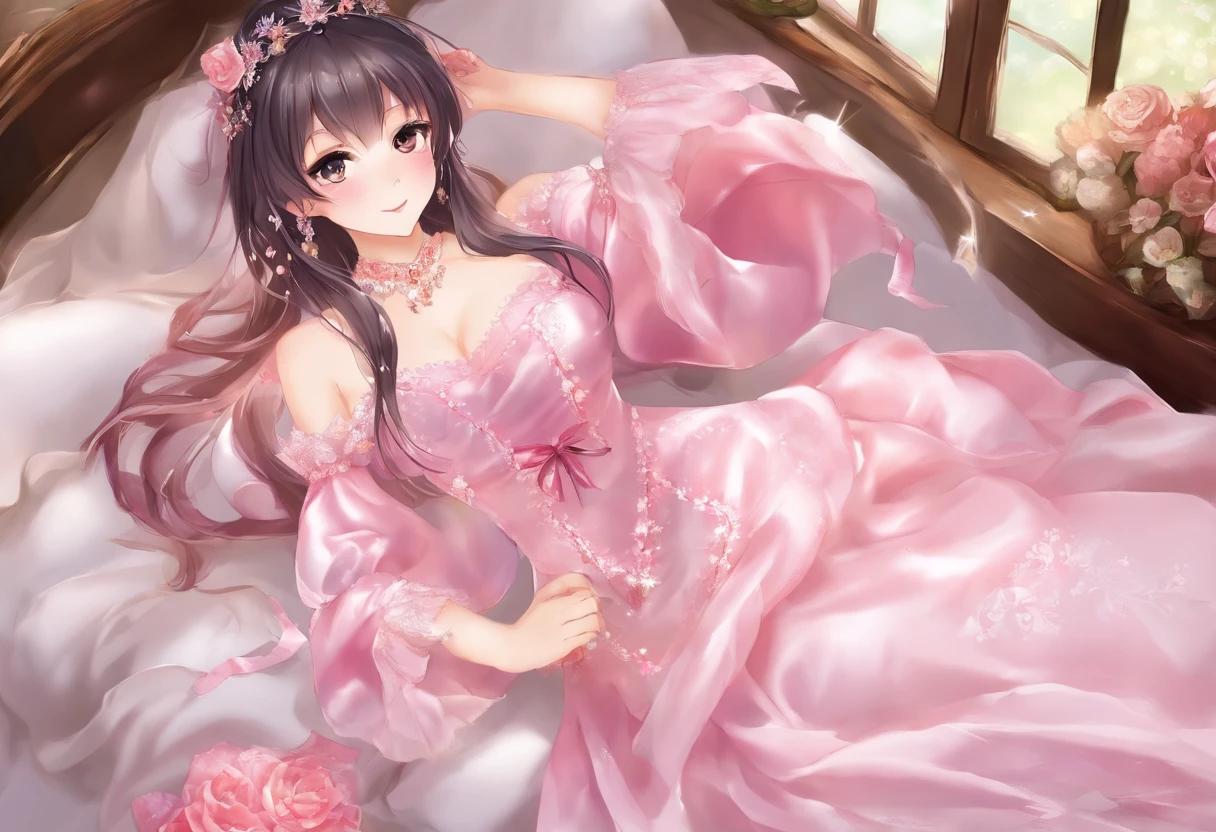 (Best quality), best image quality, highest resolution, super detail, hair ornament(princes), black hair, long hair, ponytail, earrings, diamond necklace, perfect face, high detailed skins, 8k, make up, silk lips pink, rose gold satin dress, short dress, satin dress material is shiny, soft and smooth to the touch, very thin satin, satin dress sticks to the skin, satin dress that fits the body, off shoulder dress, no split dress, c cup,one hand off mounting, sexy full body, (wet body :1.3) dynamic pose, lie down, fullbody, sexy pose, focus viewer, one beautiful woman, shot bedroom, naked, sweaty, glass, mattres