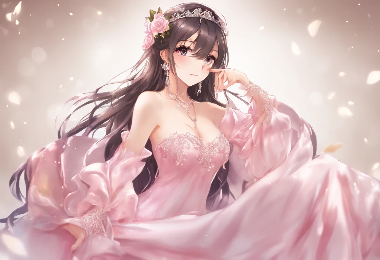 (Best quality), best image quality, highest resolution, super detail, hair ornament(princes), black hair, long hair, ponytail, earrings, diamond necklace, perfect face, high detailed skins, 8k, make up, silk lips pink, rose gold satin dress, short dress, satin dress material is shiny, soft and smooth to the touch, very thin satin, satin dress sticks to the skin, satin dress that fits the body, off shoulder dress, no split dress, c cup,one hand off mounting, sexy full body, (wet body :1.3) dynamic pose, lie down, fullbody, sexy pose, focus viewer, one beautiful woman, shot bedroom, naked, sweaty, glass, mattres