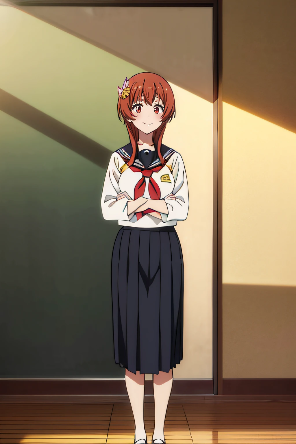 Classroom、Sailor suit with black collar、Sunlight shines in、Looking here and standing、Touching hair、Smile、red blush