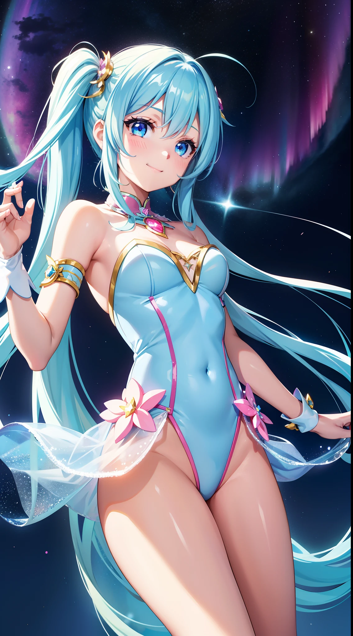 Super Idol a beauty girl A charming smile sky blue hair length hair Twin-tailed Glittery bright pink and white and blue and yellow leotards facing front Mystical Fantasia constellation a moon Crystal Brilliance Aurora Borealis in the Night Sky Large in the center