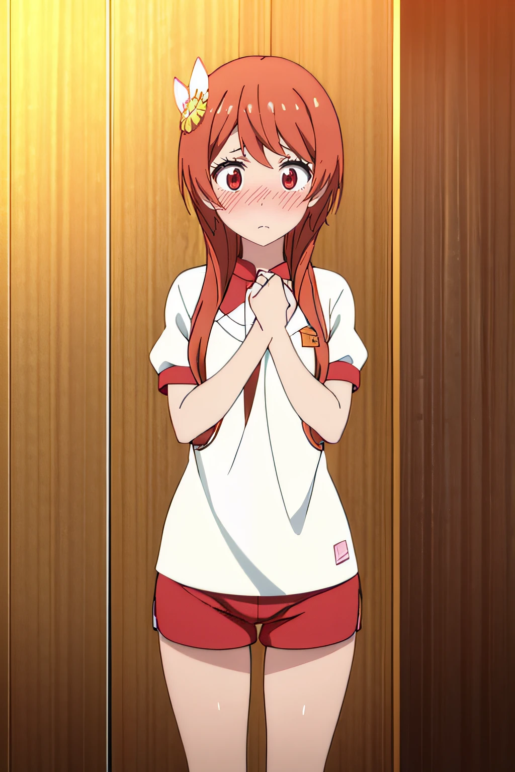 Stand in front of the wooden wall of the gymnasium、White short-sleeved gym clothes、Red shorts、Looking here and standing、red blush、Enraptured look、Pray with your hands folded in front of your chest、with blush cheeks、Long hair parted－、Look up and see here