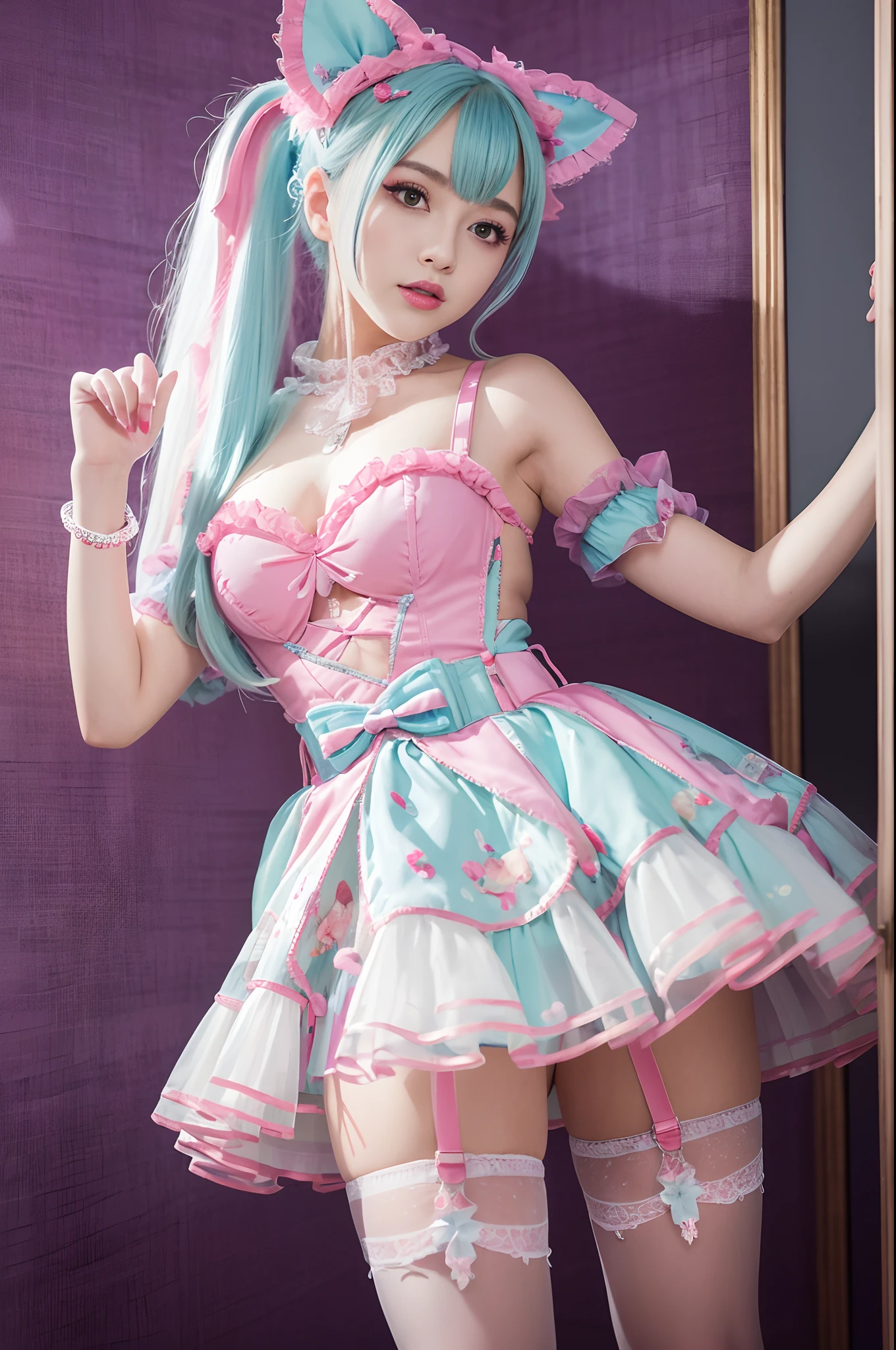 unparalleled masterpiece ever, super realistic 8K , erfect artwork、Cultural fashion for teens in the UK、garter stocking、Sexy and colorful、shockingpink、((a miniskirt))、frilld、Women's glitter fashion、A detailed face、face perfect、Perfect eyes、high-detail