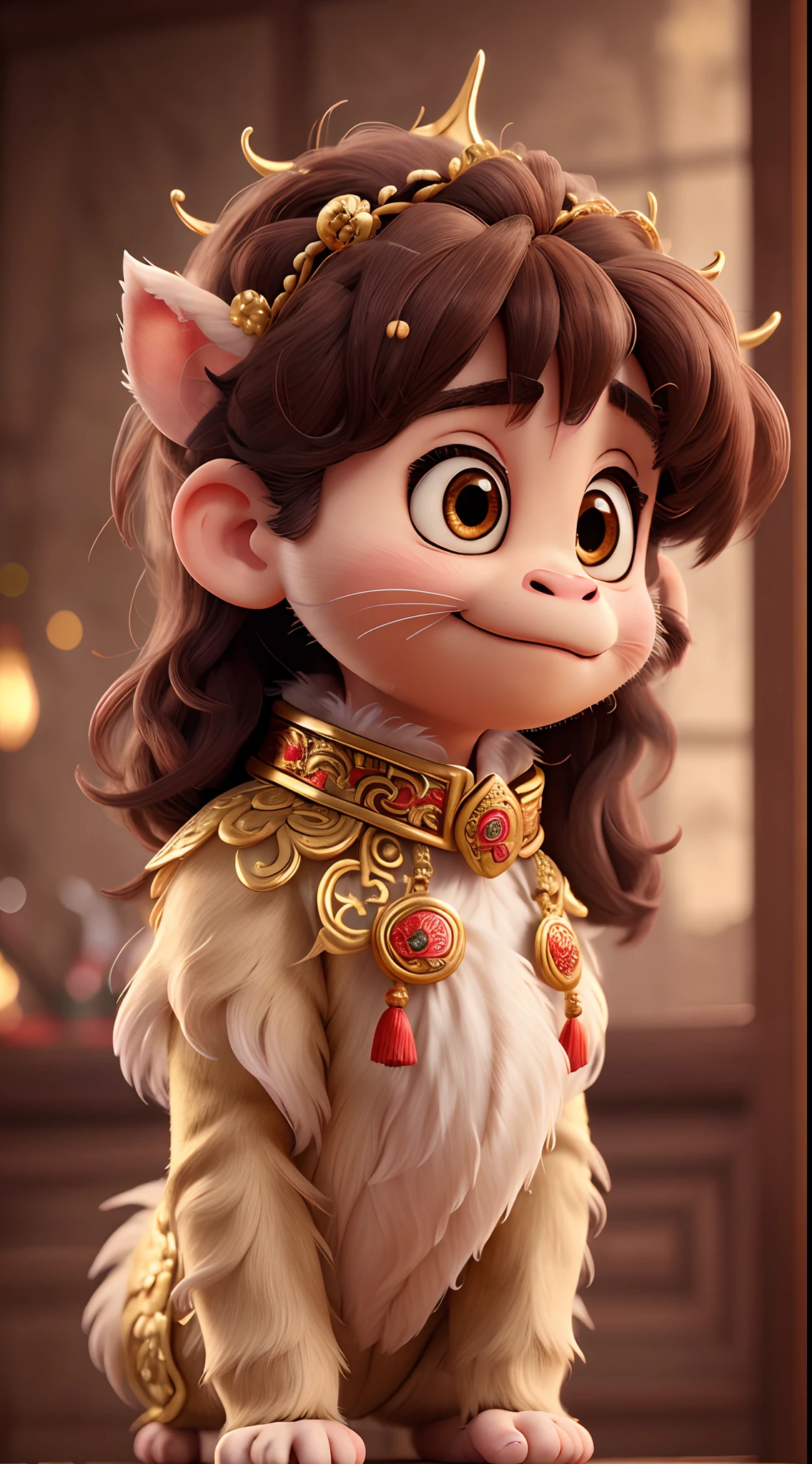 A monkey dressed in delicate and ornate traditional Chinese costumes，Delicate and fluffy hair，The expression is cute，Ultra-detailed details，Local close-up，ultra HD picture quality，blur backgroun