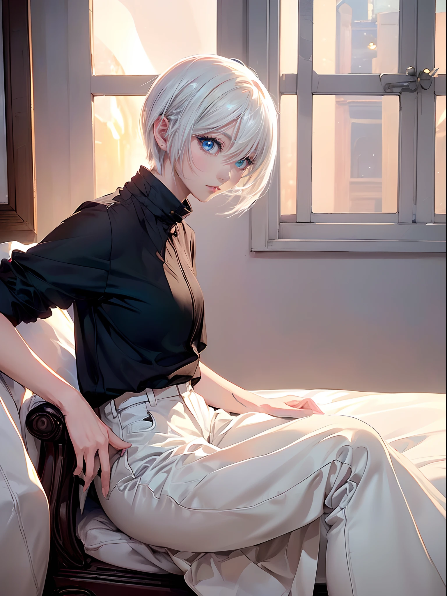 ((4K works))、​masterpiece、(top-quality)、One Beautiful Girl、Slim body、tall、((Black Y-shirt and white pants、Charming street style))、(Detailed beautiful eyes)、Stylish black bedroom、Rooms where nobles live、Black shop window、Bedroom in the evening、((Sunlight leaking through the window))、((Shot in a black bedroom))、Sunset through the window、((dim room))、((Face similar to Carly Rae Jepsen))、((Short-haired white hair))、((Smaller face))、((Neutral face))、((Bright blue eyes))、((American adult women))、((Adult female 26 years old))、((cool lady))、((Like a celebrity))、((deadpan))、((Korean Makeup))、((elongated and sharp eyes))、((Happy dating))、((boyish))、((Upper body photography))、Professional Photos、((Shot alone))、((She is lying on the futon))、((Shot diagonally from the side))、((Shot in close proximity to her))、((Focus zoom in))、((She watching the sunset))