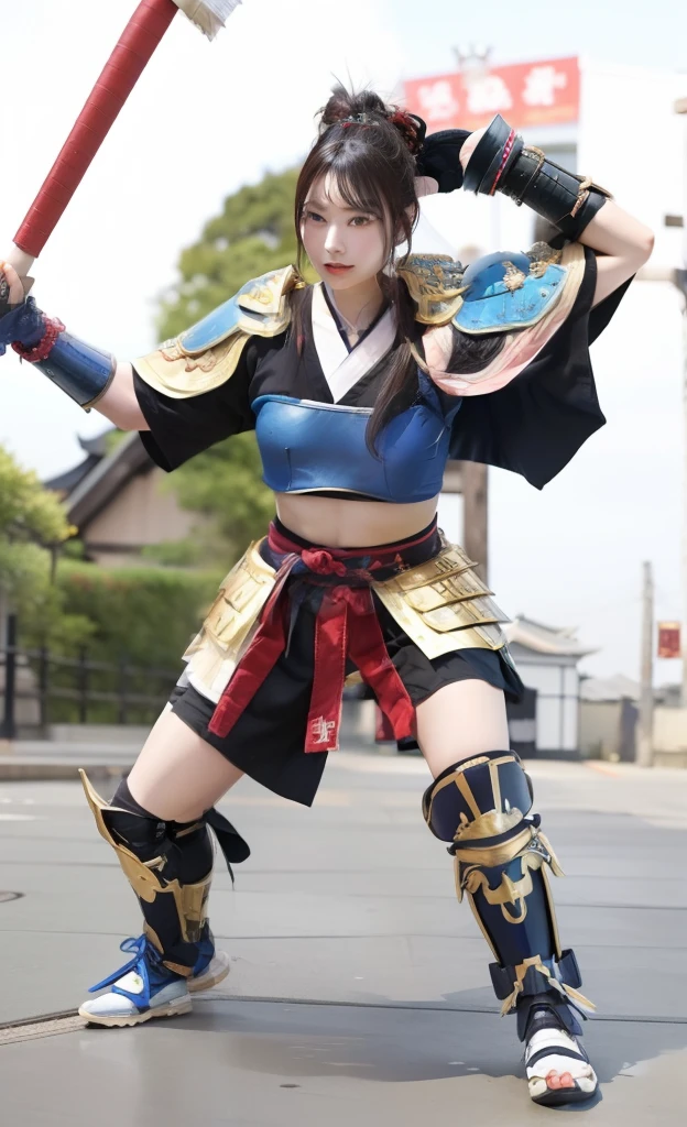 Female Samurai Idol、large full breasts、beautiful foot、、、Good Style、、Leg armor、Colorful shorts、Blue Armor、Jinhaori