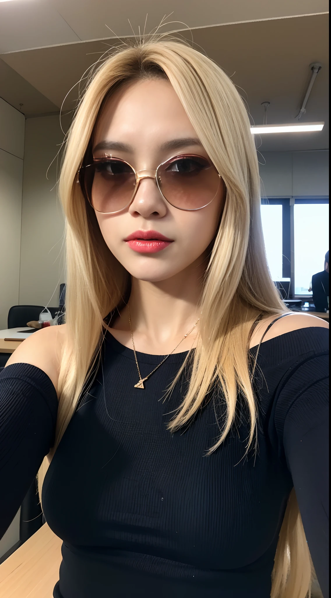 ((Day, Best Quality, 8K, Realistic)), Half Body: 1.4, Slender Abs: 1.2, ((Long ash-blonde hair, Medium Breasts: 1.2)), (White long sleeves, Tight short pants, Tone sunglasses, Swag beanie, Off_shoulder, Sitting: 1.1), (Indoor, Office, Realistic office background, Day lights), Highly detailed face and skin texture, detailed eyes, double eyelids, 1 person, swag, badass, (Face looking at the camera, Taking selfie, Selfie camera view, Selfie: 1.2)