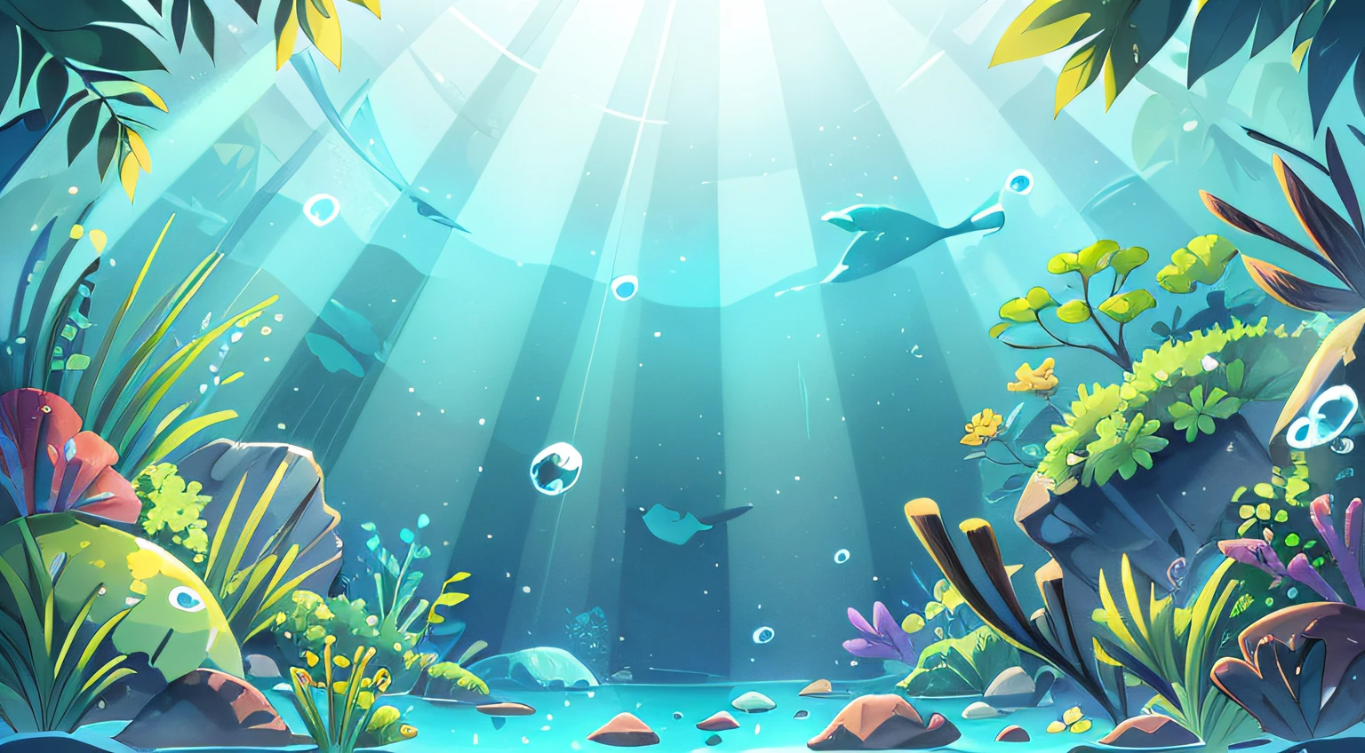 underwater landscape, As if viewed from below. The water is crystal clear, Let the sunlight pass through it，Light up the landscape. The scene is dominated by shades of blue and green, Create a serene and peaceful effect. The scene is complete，Small bubbles floating on the surface of the water.