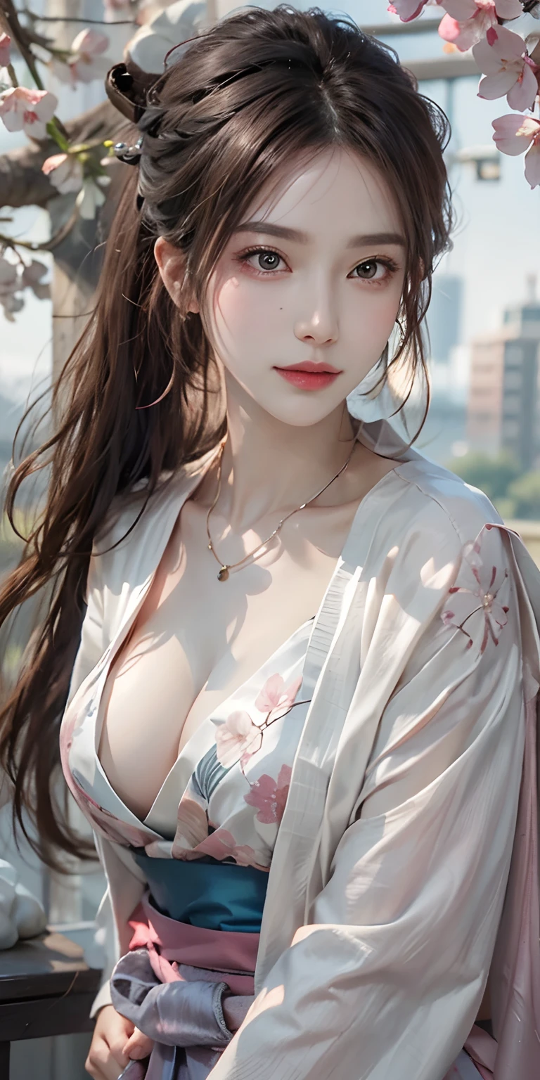 Photorealistic, High resolution, Soft light,1womanl, Solo, hips up high, glistning skin, (Detailed face),The tattoo, Jewelry, Wedding Hanfu, cherry blossom, Night, White wavy hair, Beautiful Soldier, An eye that invites the viewer, Lover's perspective, inviting expression, Sexy smile, Perfect Style, Perfect balance, Detailed skin, Naughty gaze, Chest visible