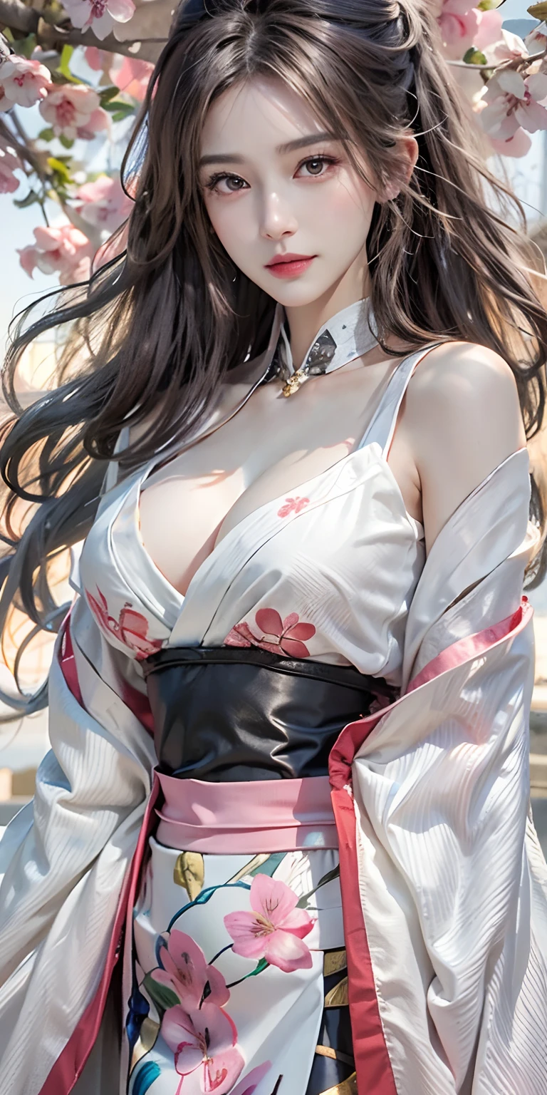 Photorealistic, High resolution, Soft light,1womanl, Solo, hips up high, glistning skin, (Detailed face),The tattoo, Jewelry, Wedding Hanfu, cherry blossom, Night, White wavy hair, Beautiful Soldier, An eye that invites the viewer, Lover's perspective, inviting expression, Sexy smile, Perfect Style, Perfect balance, Detailed skin, Naughty gaze, Chest visible
