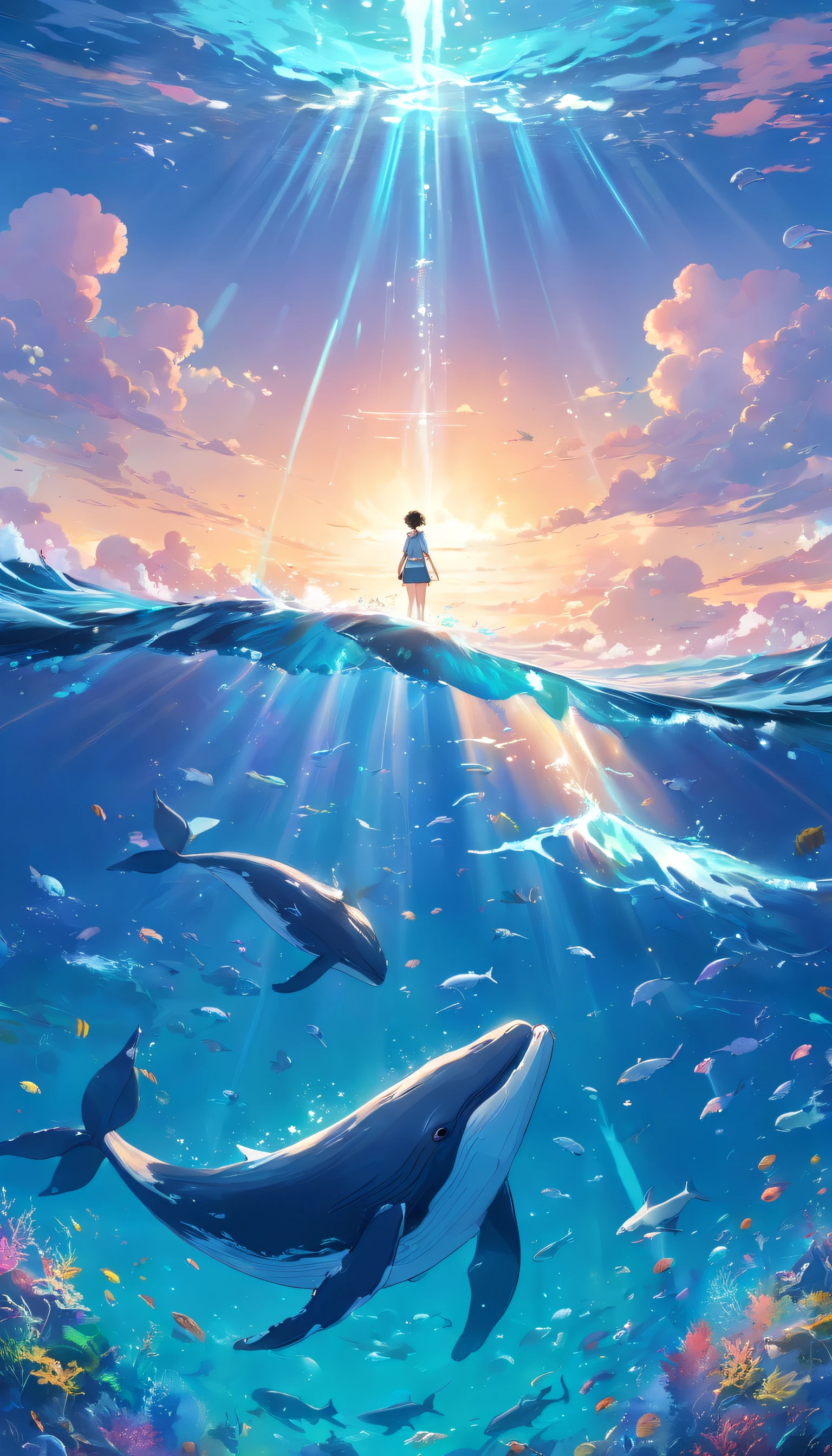 Painting of whales swimming in colorful ocean, Look up at the composition, Jellyfish and whales, Inspired by Cyril Rolando, A beautiful artwork illustration, author:Shitao, colorful concept art, Makoto Shinkai Cyrillo Rolando, In the style of Cyril Rolando, whale, Highly detailed watercolor 8K, highly detailed water colour 8 k,octane,the end,Realistic,8K,Estilo de Makoto Shinkai( reasonable design, 清晰的线条, High- sharpness,Best quality, Very detailed, Master parts, movie light effect, 4K ),A boy and a girl swim at the bottom of the sea,dream magical,The fish,