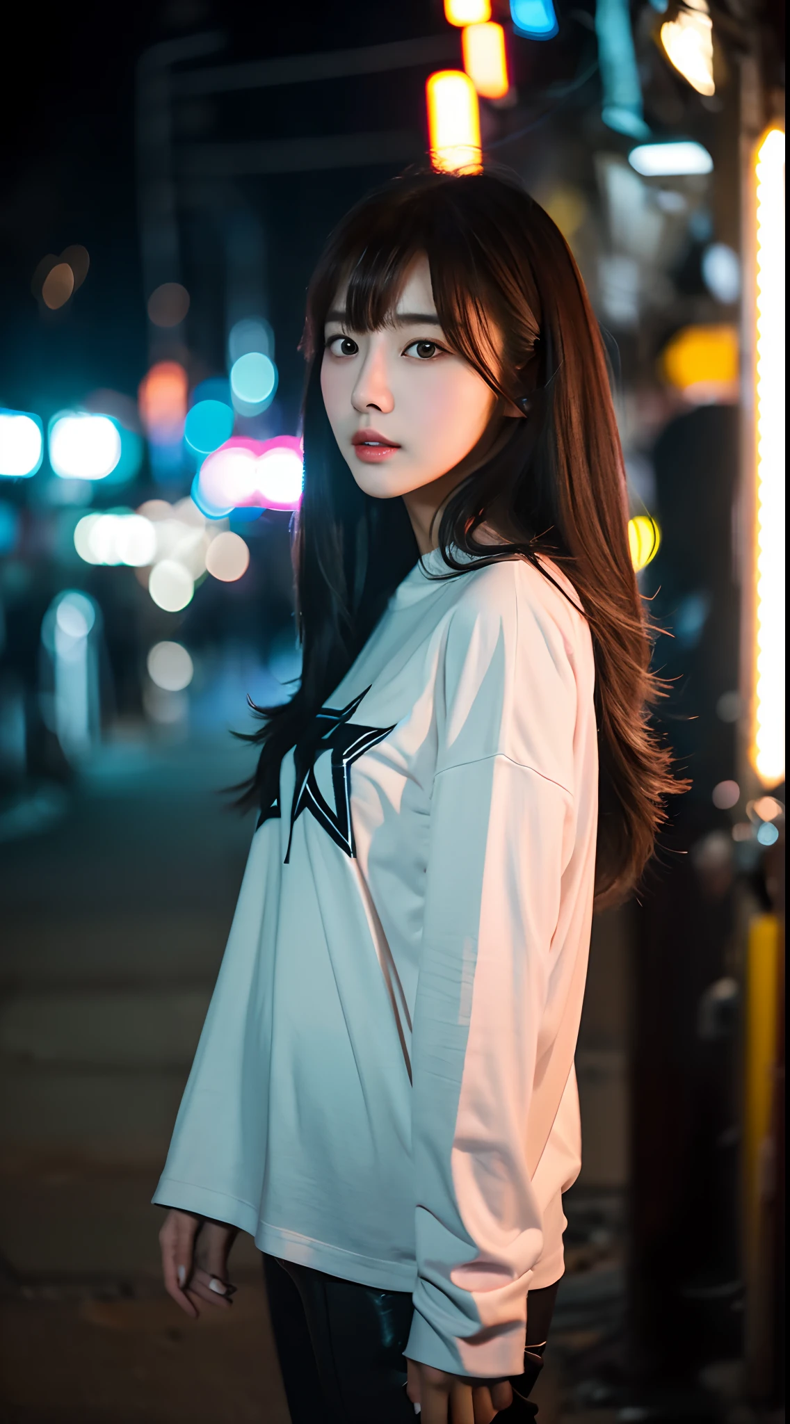Realistic photos of (1 cute Korean star) single hair intake, thin makeup, 32 inch breasts size, wearing long sleeve shirt pants, standing in the alley, night, close-up portrait, cinematic lightning, UHD