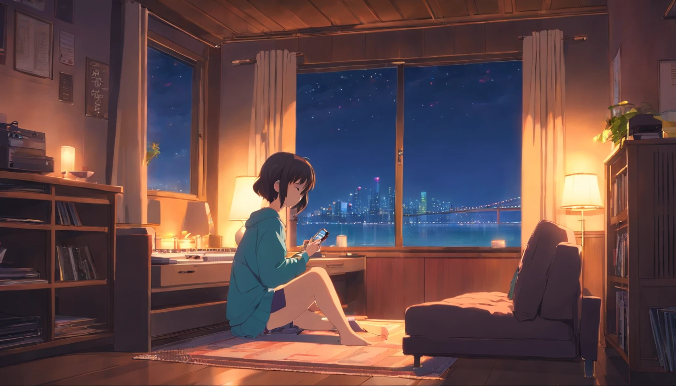 Girl listening to music in a cozy room at night, Usando fones de ouvido, Anime estilo 2D, Lo-fi, hd