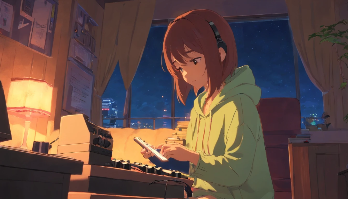 Girl listening to music in a cozy room at night, Usando fones de ouvido, Anime estilo 2D, Lo-fi, hd