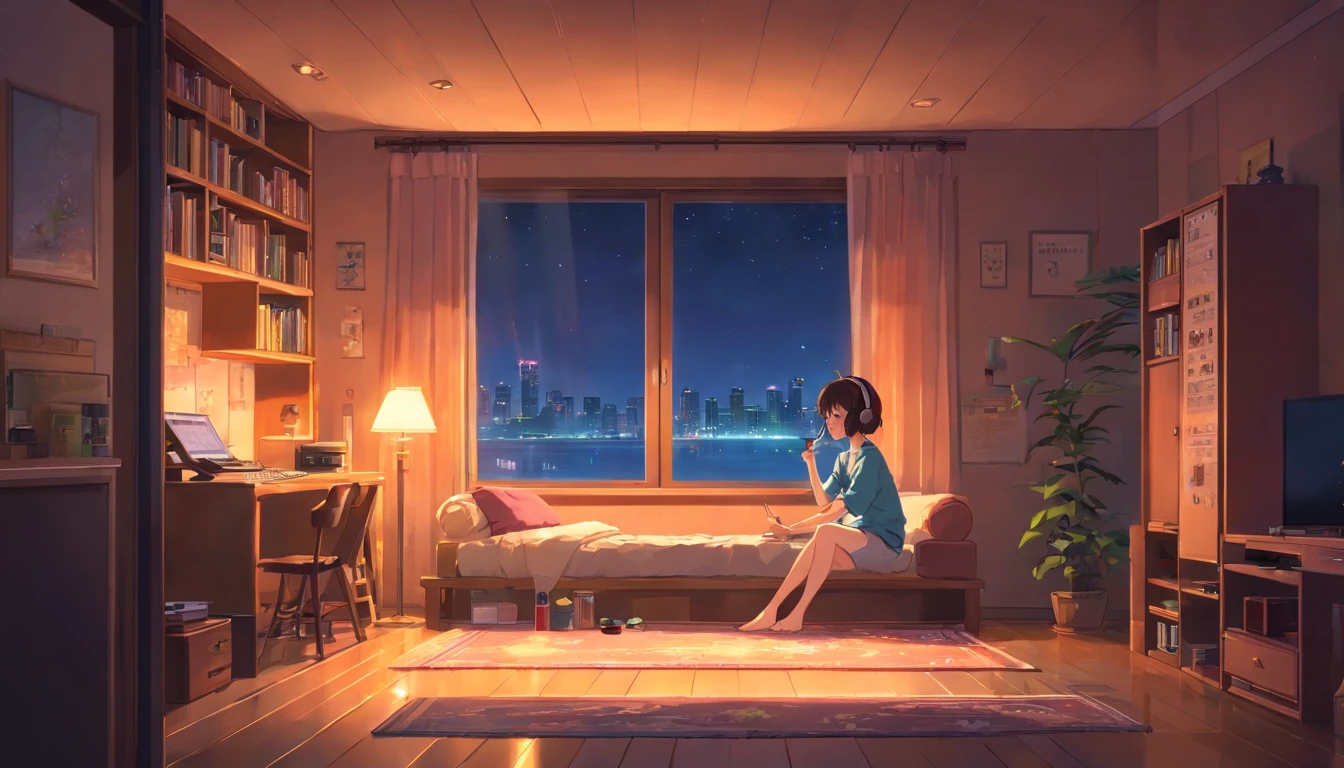 Girl listening to music in a cozy room at night, Usando fones de ouvido, Anime estilo 2D, Lo-fi, hd