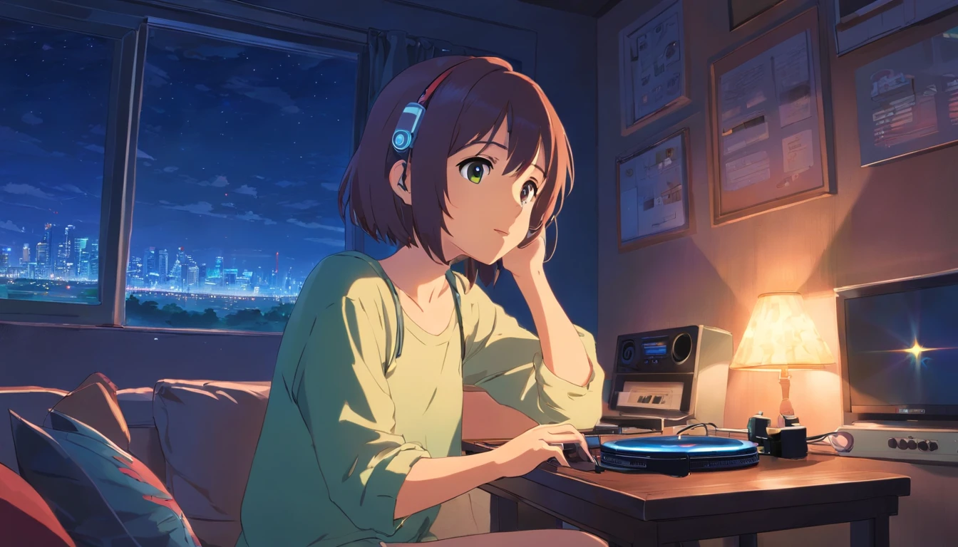 Girl listening to music in a cozy room at night, Usando fones de ouvido, Anime estilo 2D, Lo-fi, hd