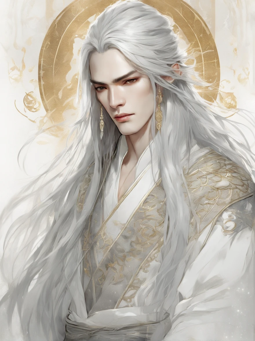 SILVER GOLD and BLACK (extreamly delicate and beautiful:1.2), 8K, (tmasterpiece, best:1.0), , (LONG_silver_HAIR_MALE:1.5), Upper body body, a long_haired male, cool and seductive, evil_gaze, wears white hanfu, and intricate detailing, and intricate detailing, finely eye and detailed face, Perfect eyes, Equal eyes, Fantastic lights and shadows、white room background、 Uses backlight and rim light, golden ratio, light aura, frosty myst, ANIME MANGA STYLE, highly detailed, intricate motifs, organic tracery, perfect composition, digital painting, artstation, concept art, smooth, sharp focus, illustration, Carne Griffiths, Victo ngai, Jean Baptiste Monge, pixar, watercolour style, art by Yoji Shinkawa, Carne Griffiths, Russ Mills, Ink splatter, ink brush painting, calligraphy, ink wash, smudges::