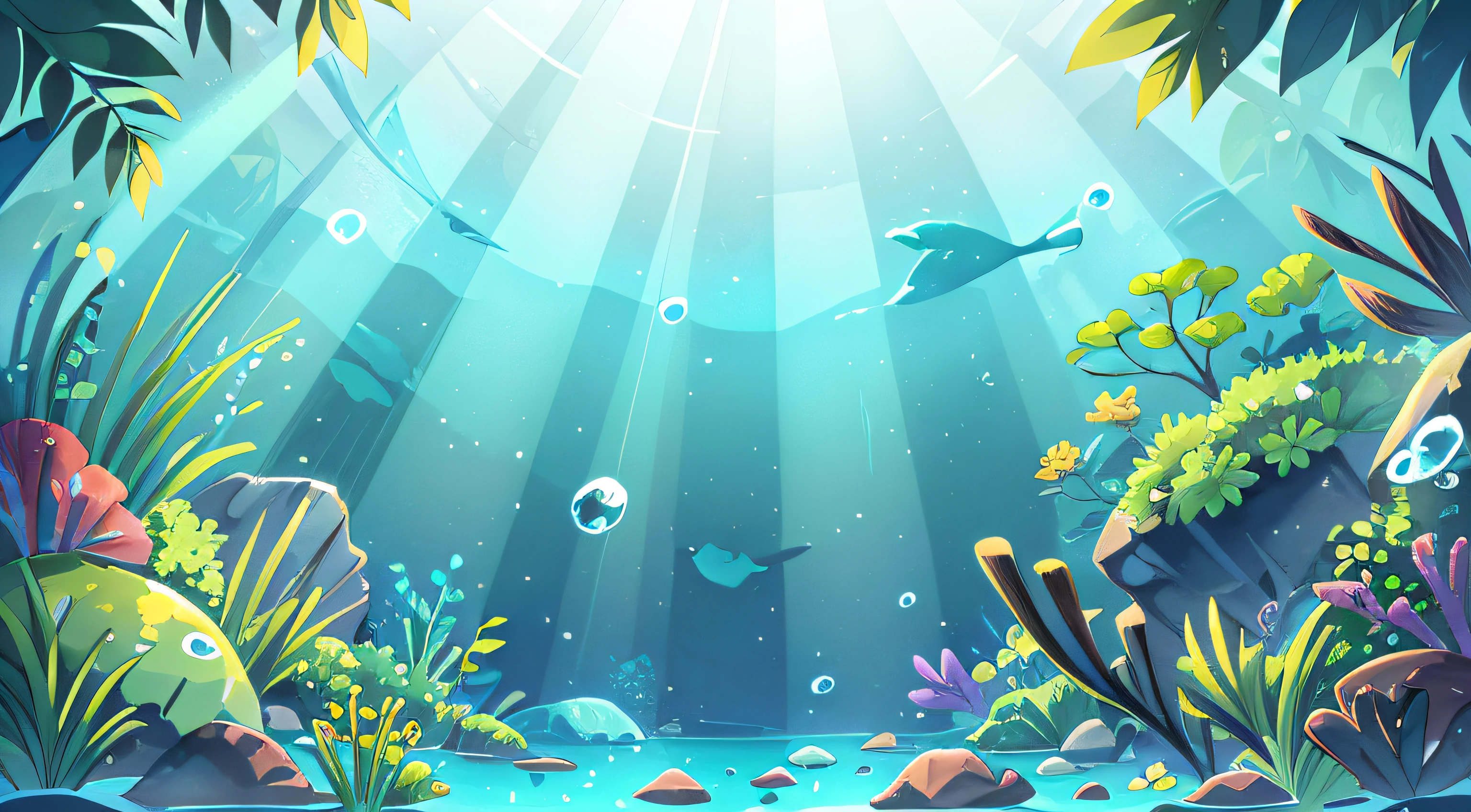 underwater landscape, As if viewed from below. The water is crystal clear, Let the sunlight pass through it,Light up the landscape. The scene is dominated by shades of blue and green, Create a serene and peaceful effect. The scene is complete,Small bubbles floating on the surface of the water.