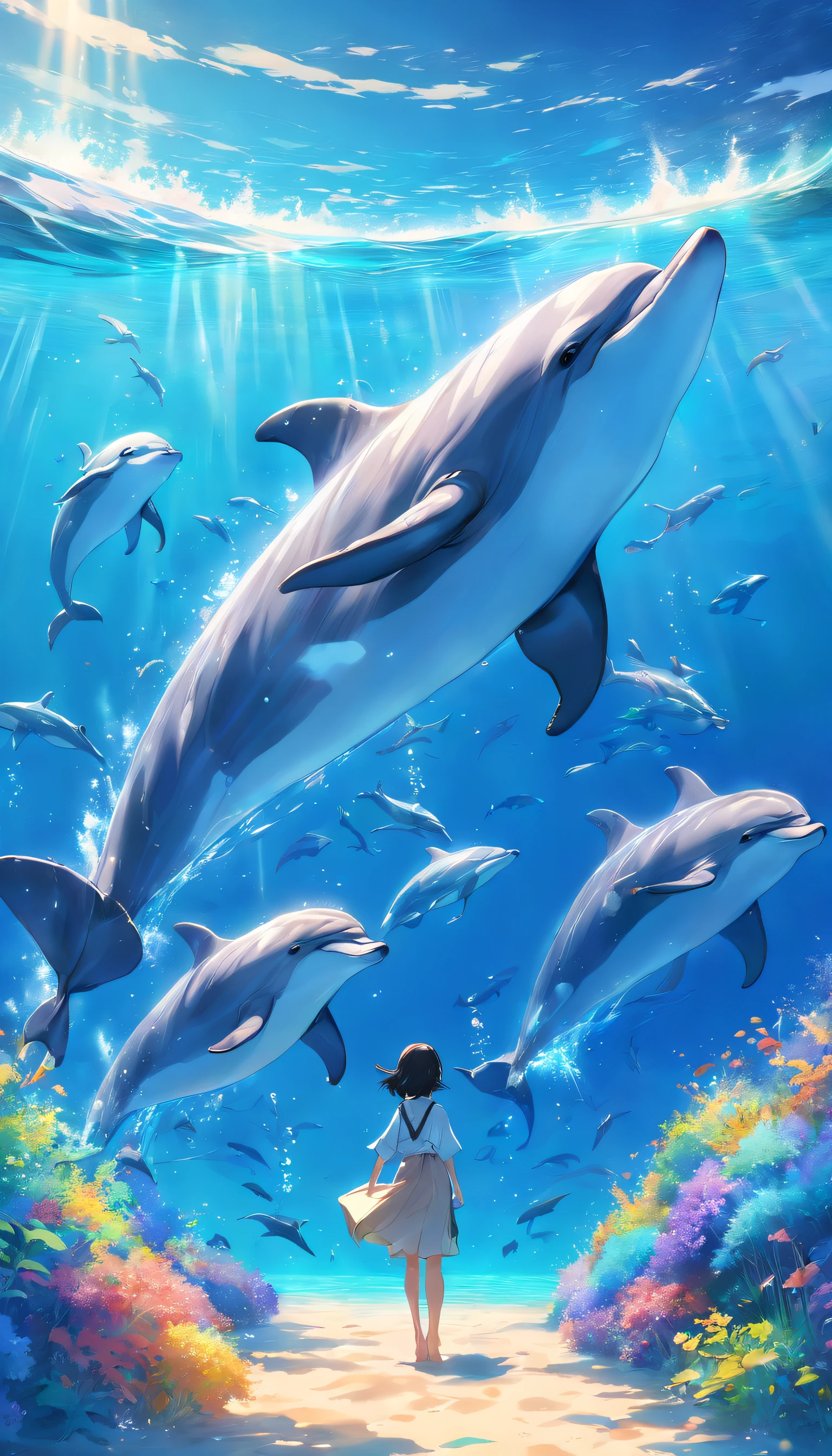 Painting of dolphins swimming in colorful ocean, Look up at the composition, Live water and whales from the sky, inspired by Cyril Rolando, dreamy psychedelic anime, colorful anime movie background, A beautiful artwork illustration, author:Shitao, colorful concept art, Makoto Shinkai Cyrillo Rolando, in the style of Cyril Rolando, flying whale, highly detailed water colour 8k, highly detailed water colour 8 k,octane,the end,Realistic,8K,Estilo de Makoto Shinkai( reasonable design, 清晰的线条, High- sharpness,Best quality, Very detailed, Master parts, movie light effect, 4K )