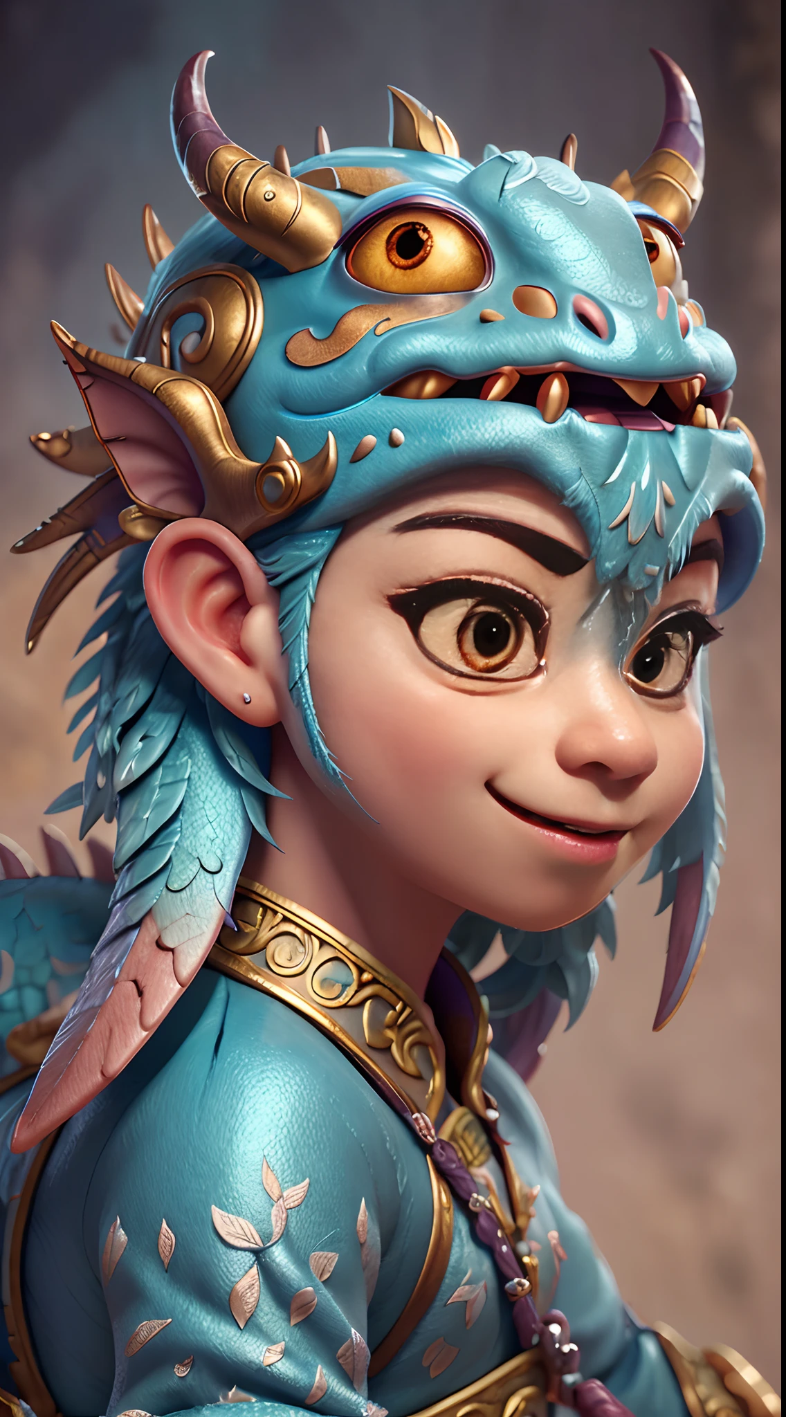 A Chinese dragon dressed in delicate and ornate armor,Delicate and fluffy hair,The expression is cute,Ultra-detailed details,Local close-up,ultra HD picture quality,blur backgroun