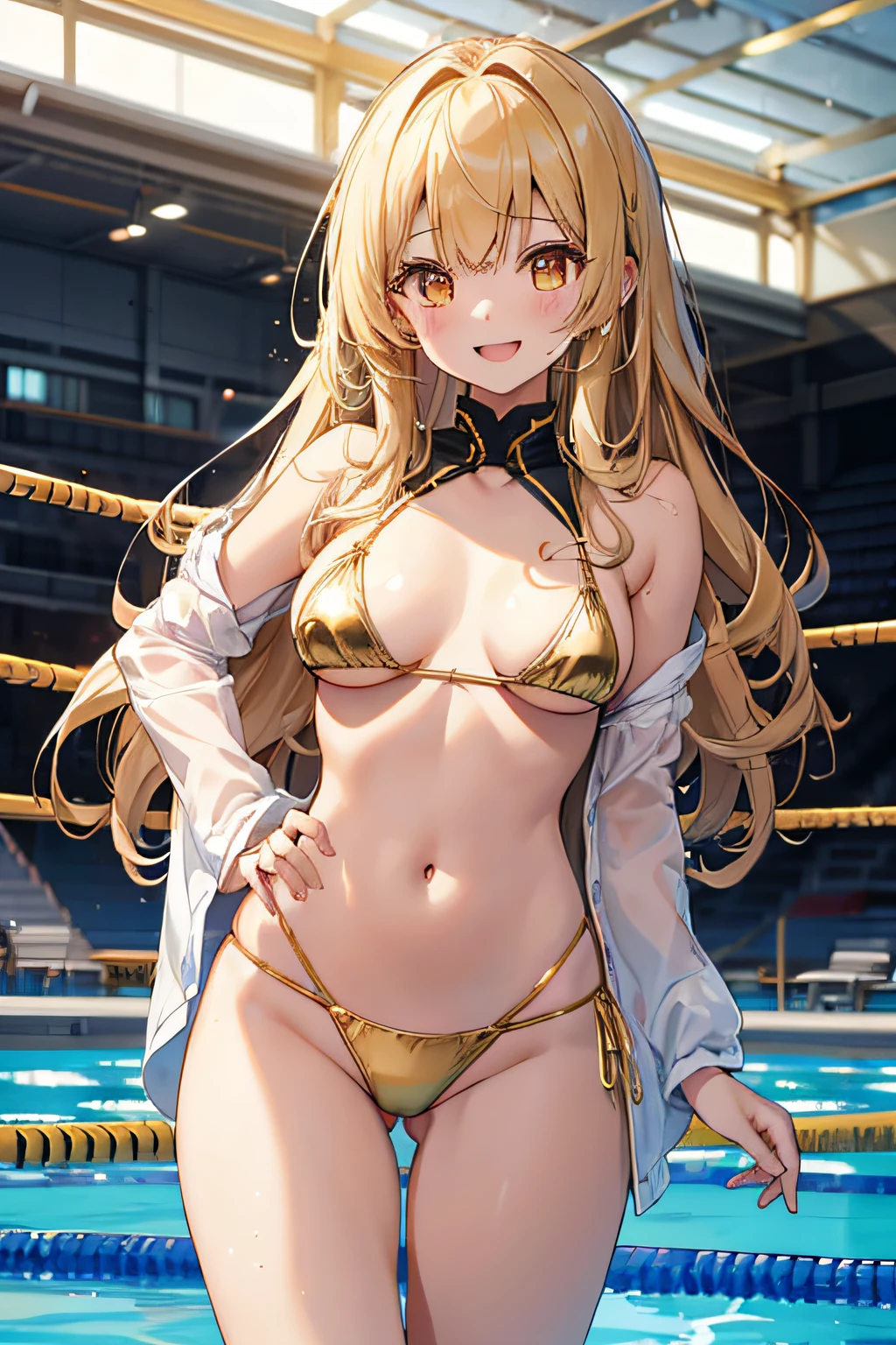 1girl in, {{{{Kokoro Tsurumaki}}}}, {{{Band Dream!}}}, （long golden hair）, （ (glowing gold eyes)）, Bangs, medium breasts,（(Gold Micro Bikini)）,Smile,, [Open mouth],（Stand before you）、(Gold colored wrestling shoes)、Indoor pool、Happy smile、Energetic daughter、Hands on the hips、（Niō Standing）