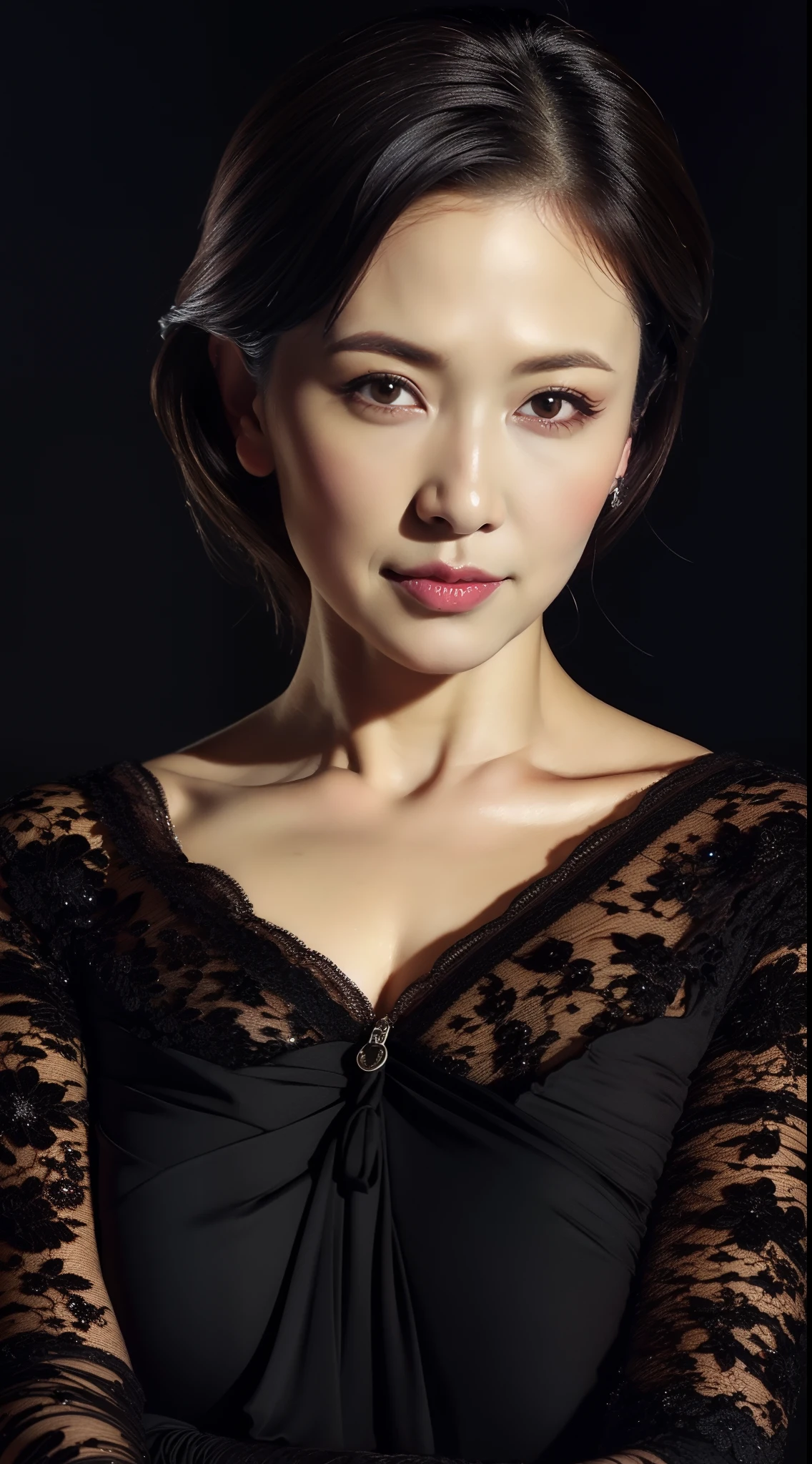 masterpiece,best quality, (one milf), ((portrait:1.5)), ((look down)), makeup, elegant black shirt, ouch own chest, ((seduction expression)),