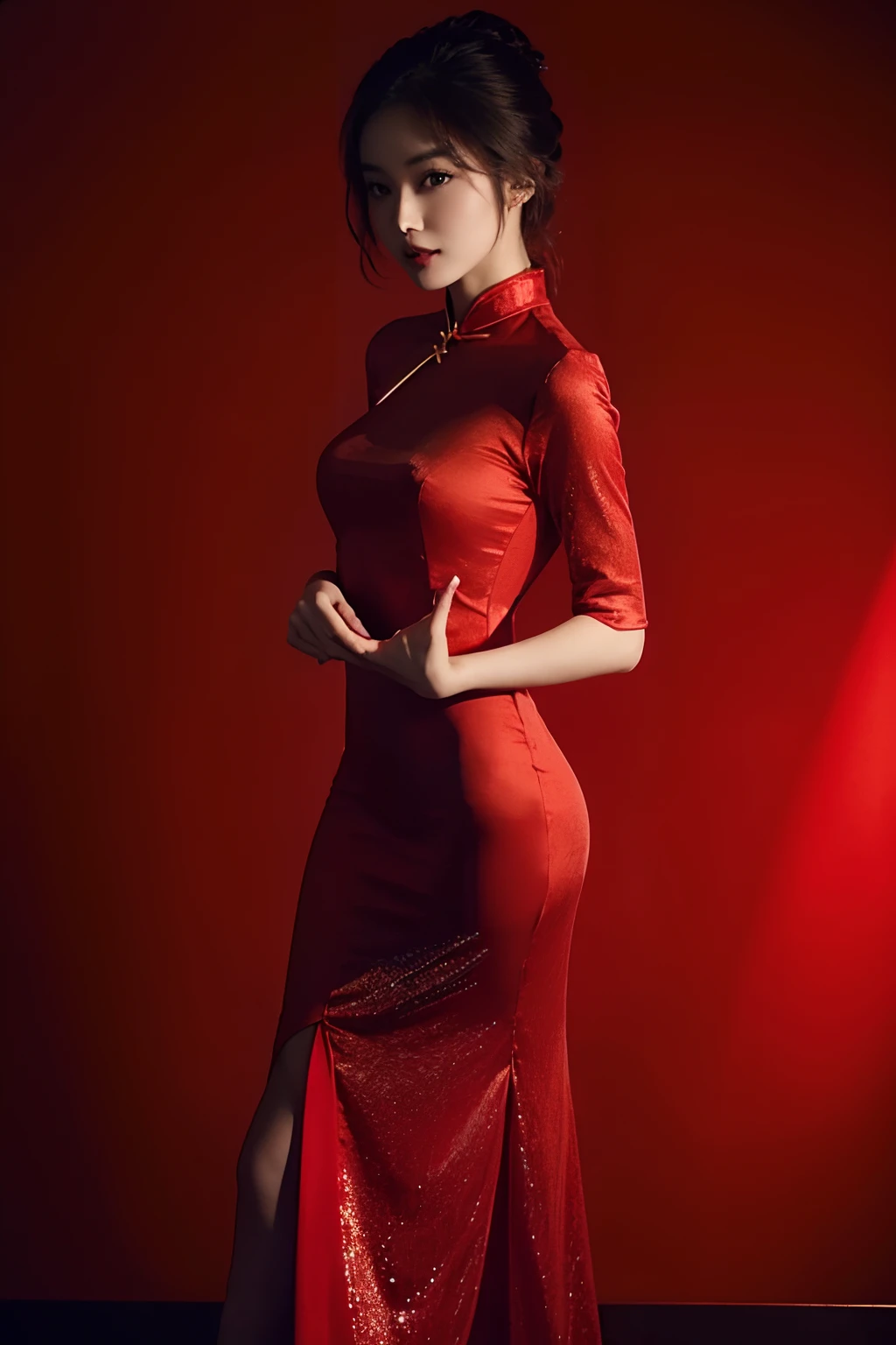 Woman in araffe in red dress posing for photo, wearing red dress, wearing red cheongsam, Lovely woman, wearing red dress, red short dress, Beautiful Asian Girl, sexy red dress, Red dress, with beautiful exotic, in red and black, Asian Girl, Cheongsam, In a red dress, Black and red dress