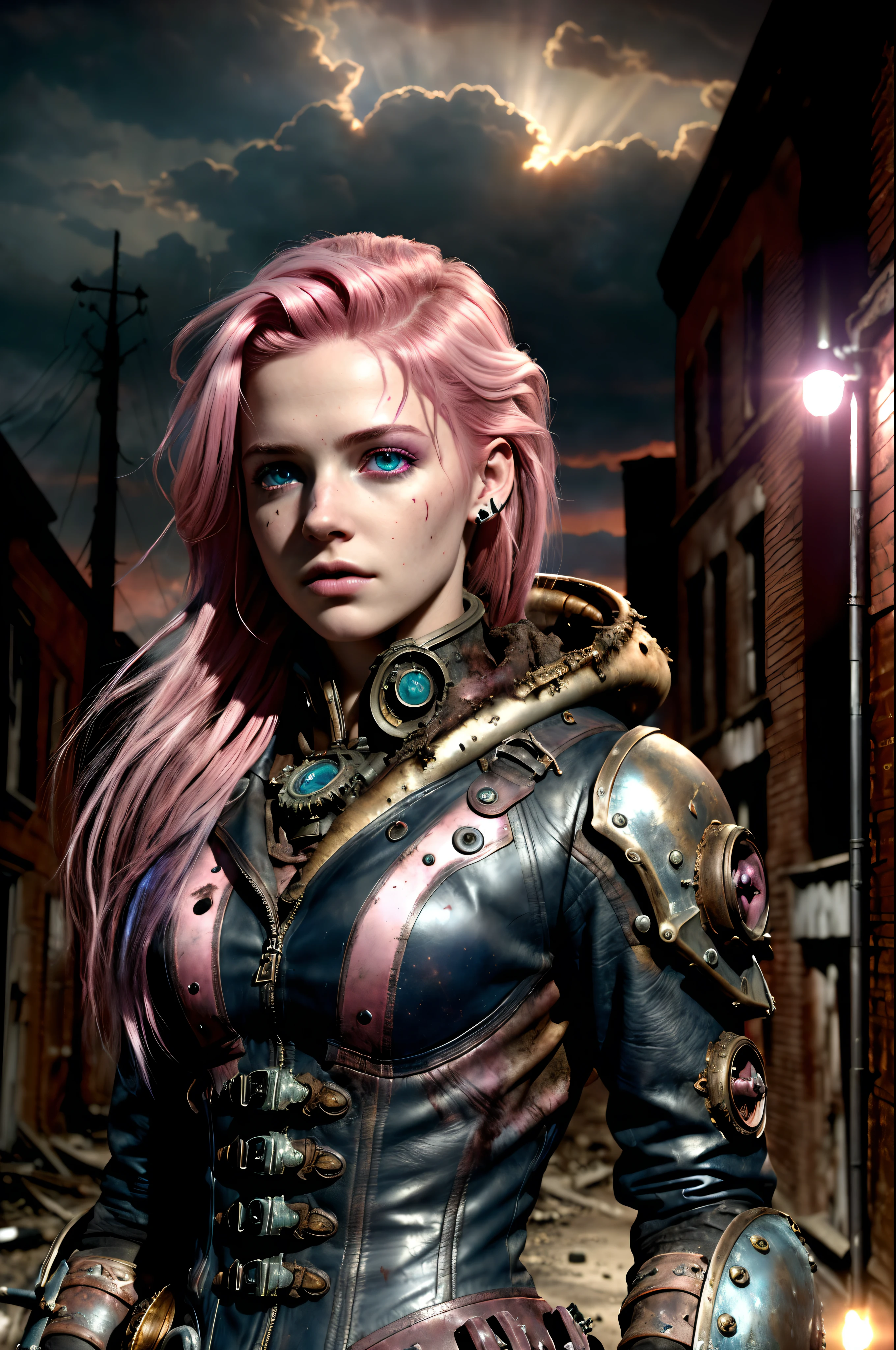 masterpiece, ultra detailed, 8K, Raw photo, Realistic light, Cinematic composition, skyscape with clouds,  full colours nightfall, depth of field, 35 mm, postapocalyptic aura, steampunk aesthetic, 18 years old cute woman, on the ruined street, (torn dirty steampunk clothing, cute sexy, depth of field, (Focus: 1.2), dark atmosphere, Armageddon, increase cinematic lighting, detailed face and skin texture, fine eyes, pink hair colour, doomsday aura, vivid colours