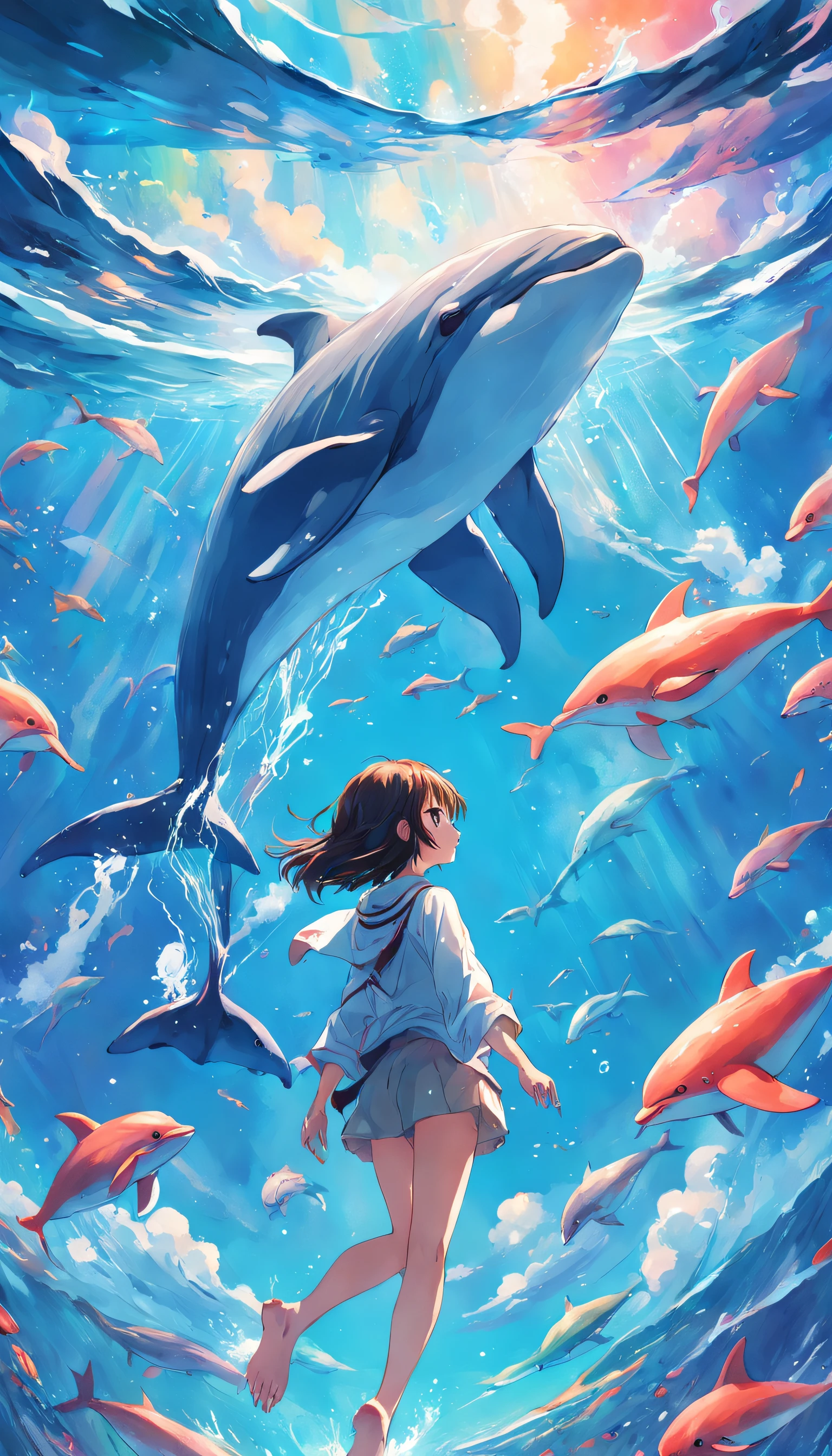Painting of a dolphin swimming in colorful ocean, Look up at the composition,sky whales, Inspired by Cyril Rolando, dreamy psychedelic anime, colorful anime movie background, A beautiful artwork illustration, author:Shitao, colorful concept art, Makoto Shinkai Cyril Rolando, In the style of Cyril Rolando, flying whale, Highly detailed watercolor 8K, highly detailed water colour 8 k,octane,Fine,Realistic,8K,Estilo de Makoto Shinkai( reasonable design, Clear lines, High sharpness,Best quality, Very detailed, Masterpiece, movie light effect, 4K )