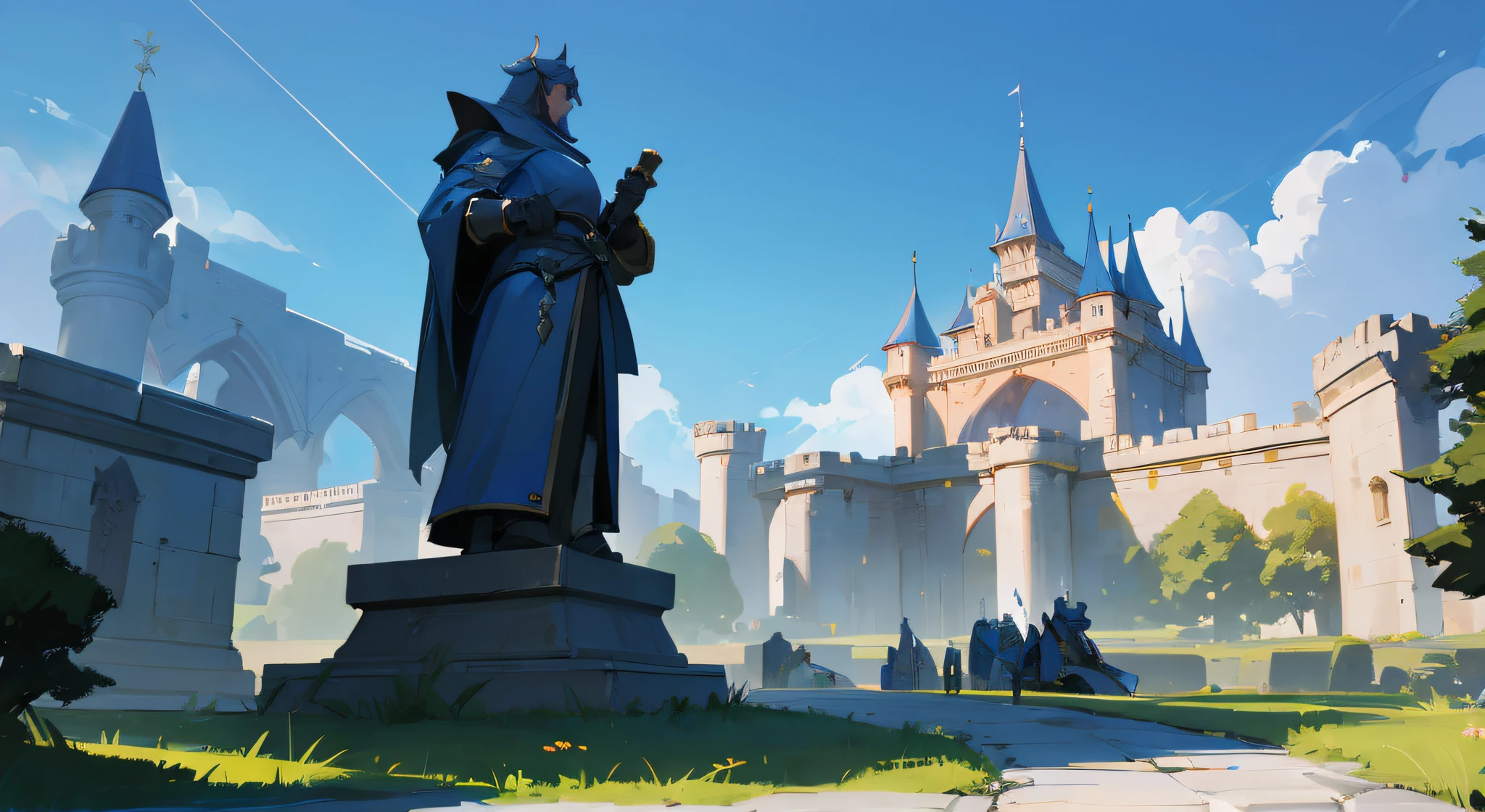 Super beautiful landscape with castle courtyard, Large statues of knights with swords, Alley of Statues, Law, Alliance, blue skies, genshin impact style, Artstation, League of Legends
