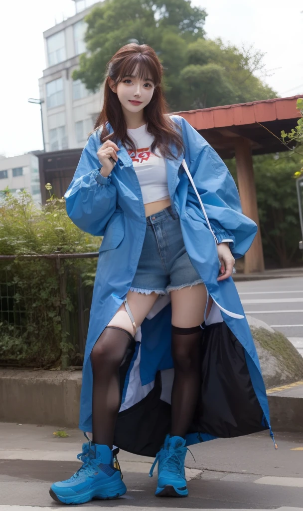 Cute look、infp young woman、large full breasts、beautiful foot、Colorful hair、、Good Style、Tops、Blue shorts、blue raincoat、red brown hair