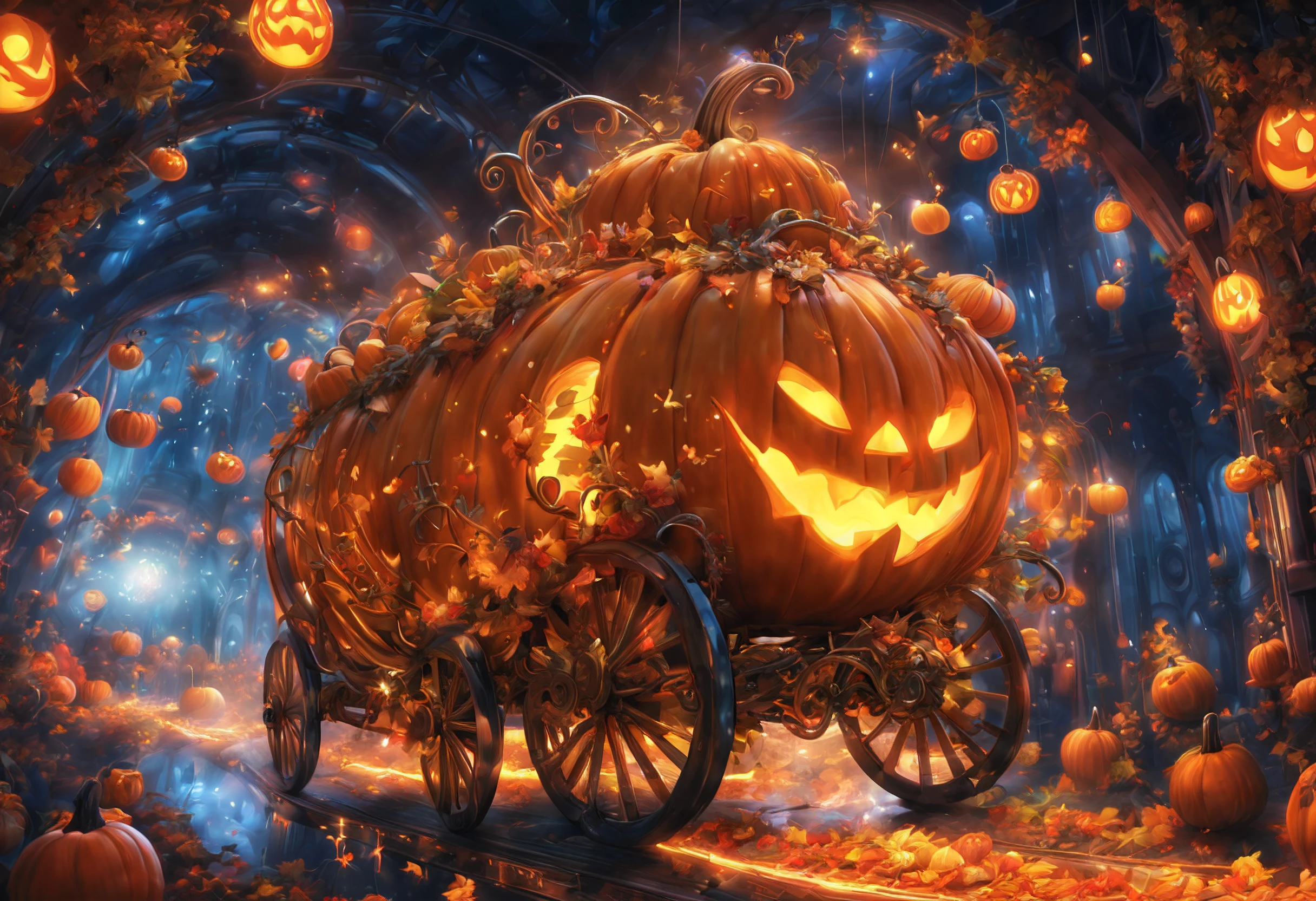 (best quality,4k,8k,highres,masterpiece:1.2),long exposure,fantastical,interactive,wonderful pumpkin carriage moving in a time tunnel,fantasy space,ultra-detailed,magical,whimsical,vibrant colors,ethereal lighting.futuristic-fantasy-anime