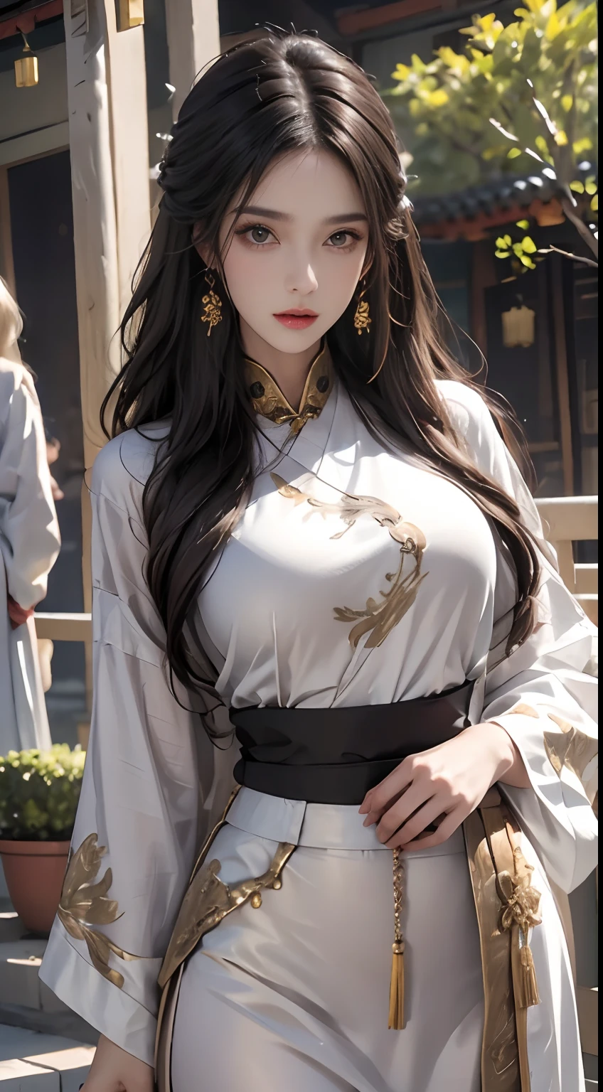 Unreal Engine:1.4,nffsw,best qualtiy:1.4, Photorealista:1.4, Skin texture:1.4, ​masterpiece:1.8, 1 Women, hips up high, beautidful eyes, The long-haired, Ringed eyes, jewely, tattoo, Hanfu, chinese fairy, Taoist uniform:1.4  ,
